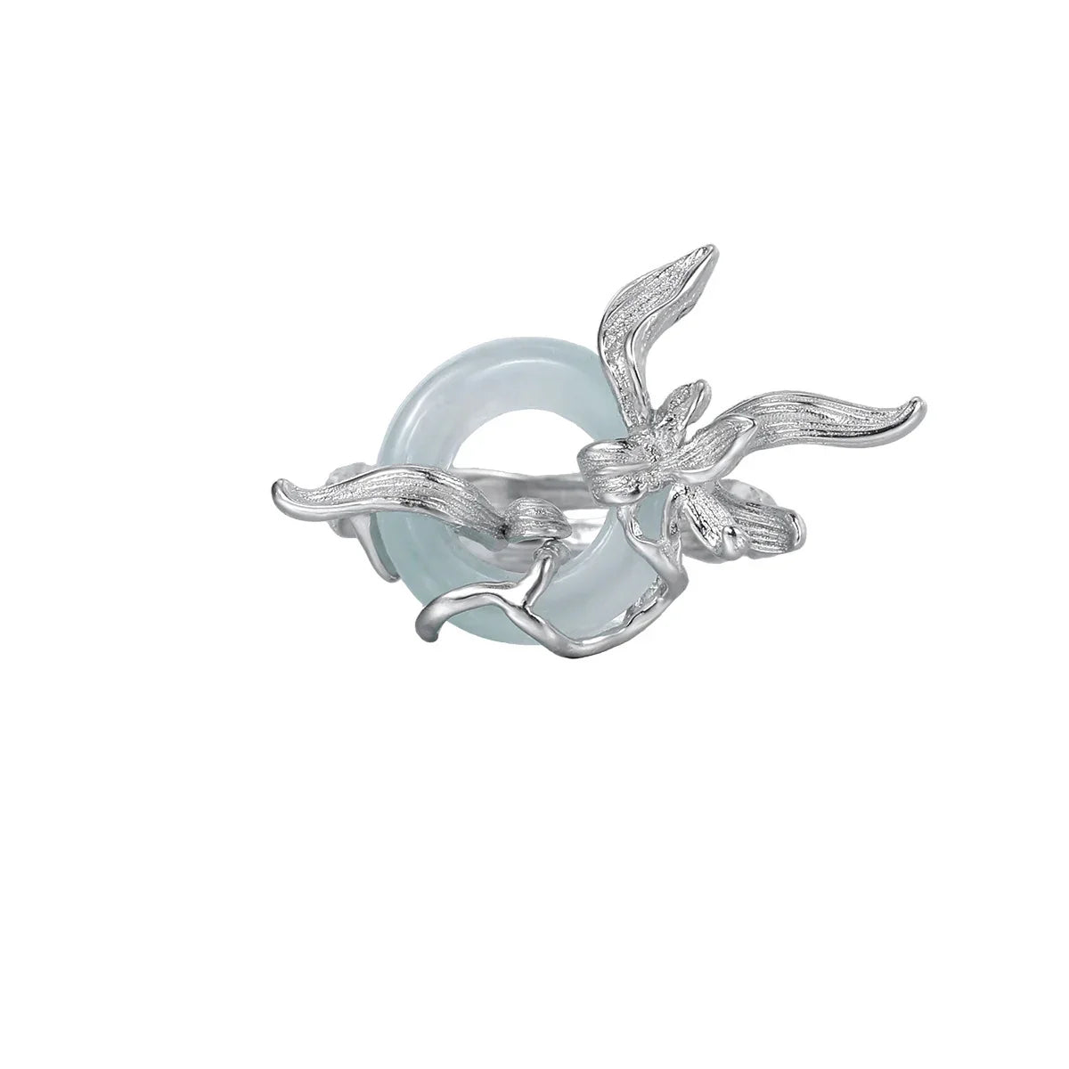 Sterling Silver Orchid Round Jade Adjustable Ring