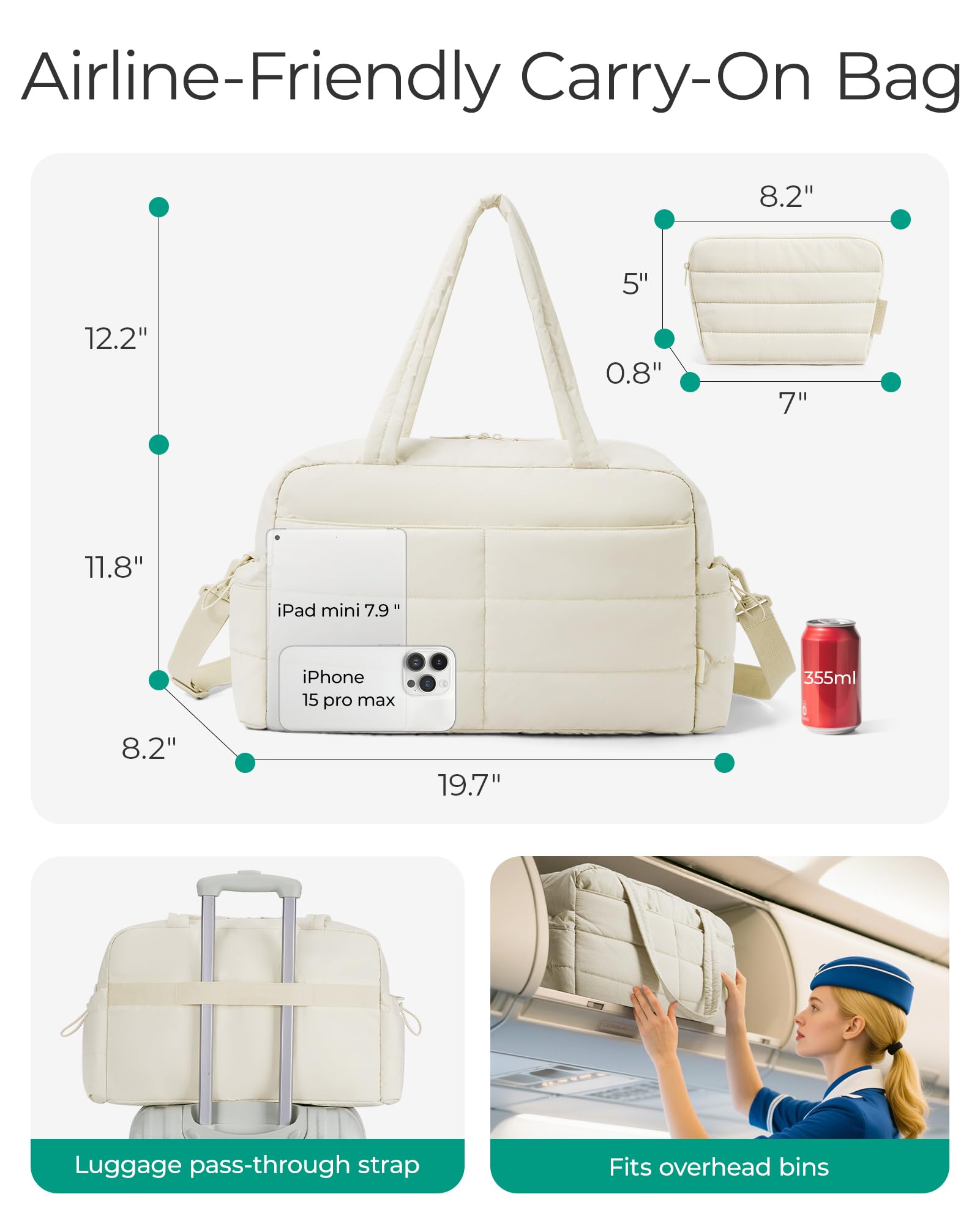 BAGSMART Gym Bag for Women, Lightweight Puffer Duffle Bag 2-PC Travel Bag