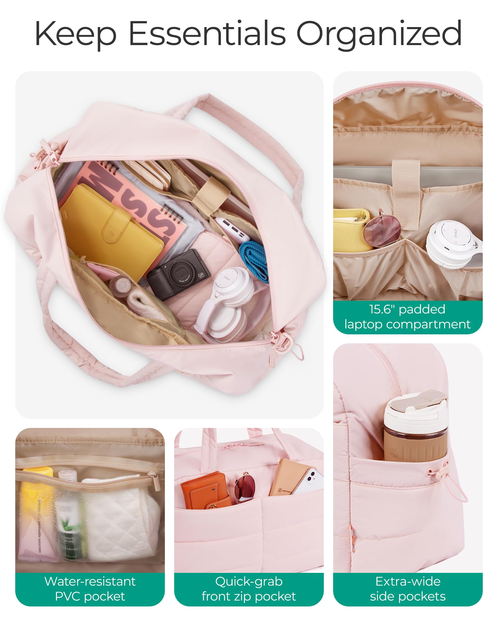 BAGSMART Gym Bag for Women, Lightweight Puffer Duffle Bag 2-PC Travel Bag