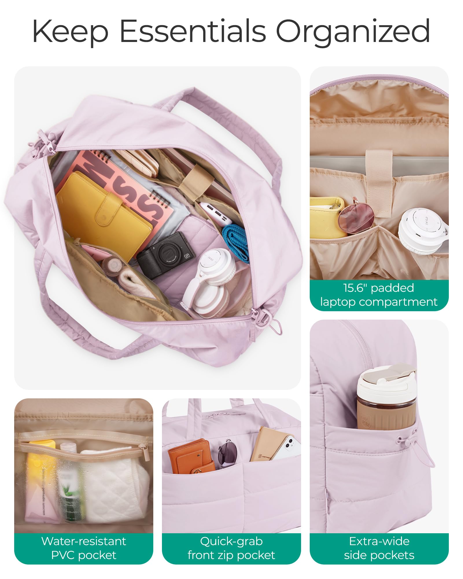 BAGSMART Gym Bag for Women, Lightweight Puffer Duffle Bag 2-PC Travel Bag