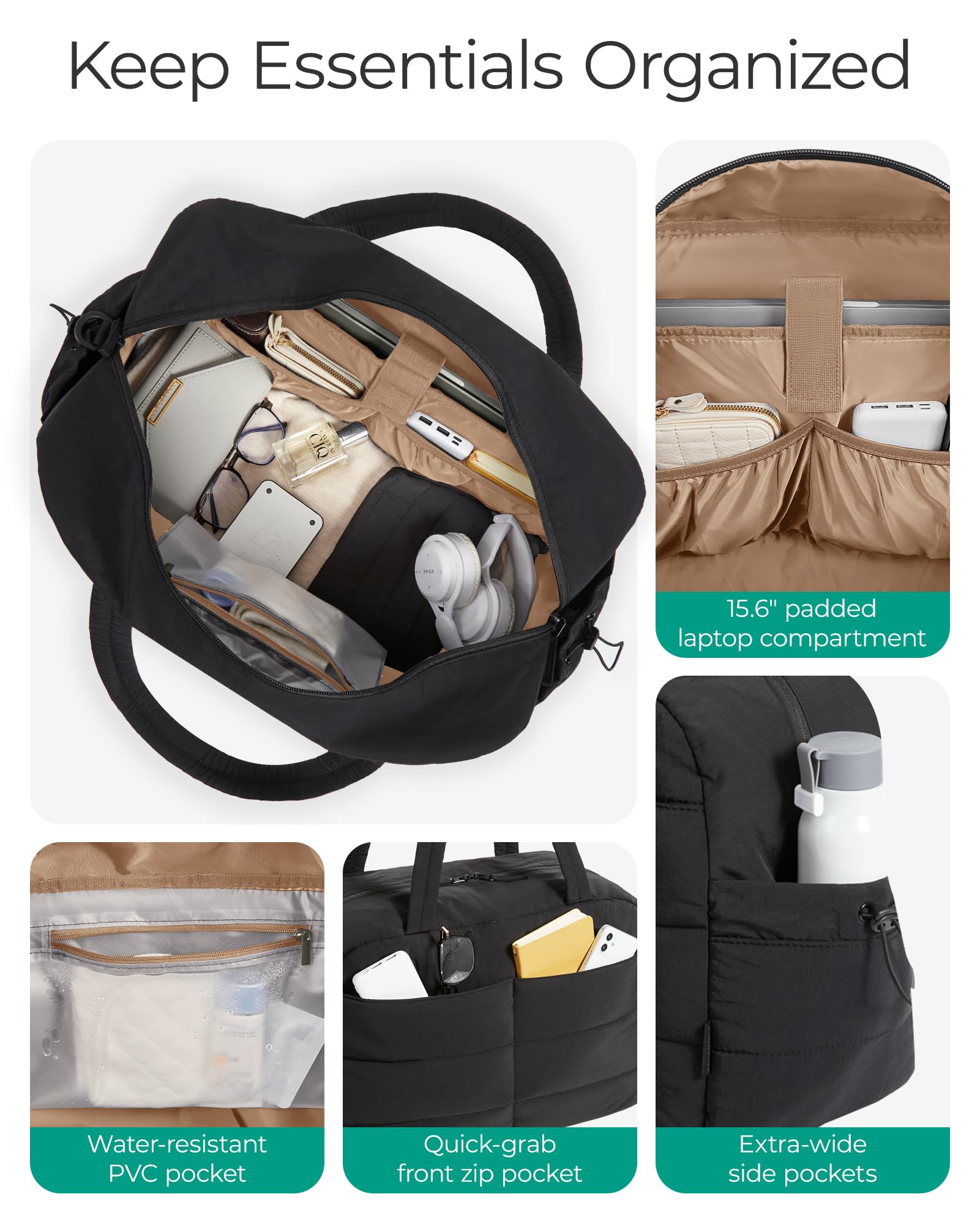BAGSMART Gym Bag for Women, Lightweight Puffer Duffle Bag 2-PC Travel Bag