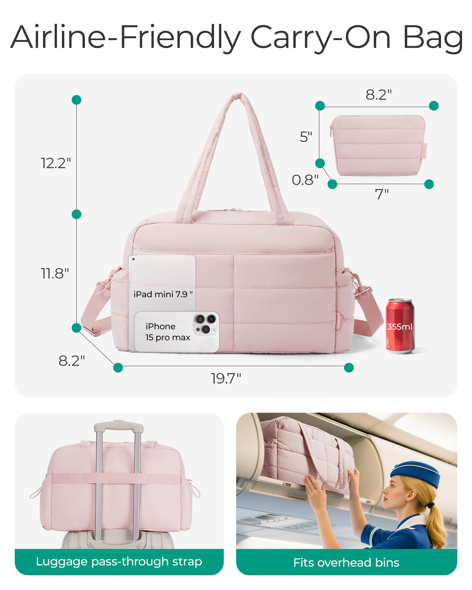 BAGSMART Gym Bag for Women, Lightweight Puffer Duffle Bag 2-PC Travel Bag