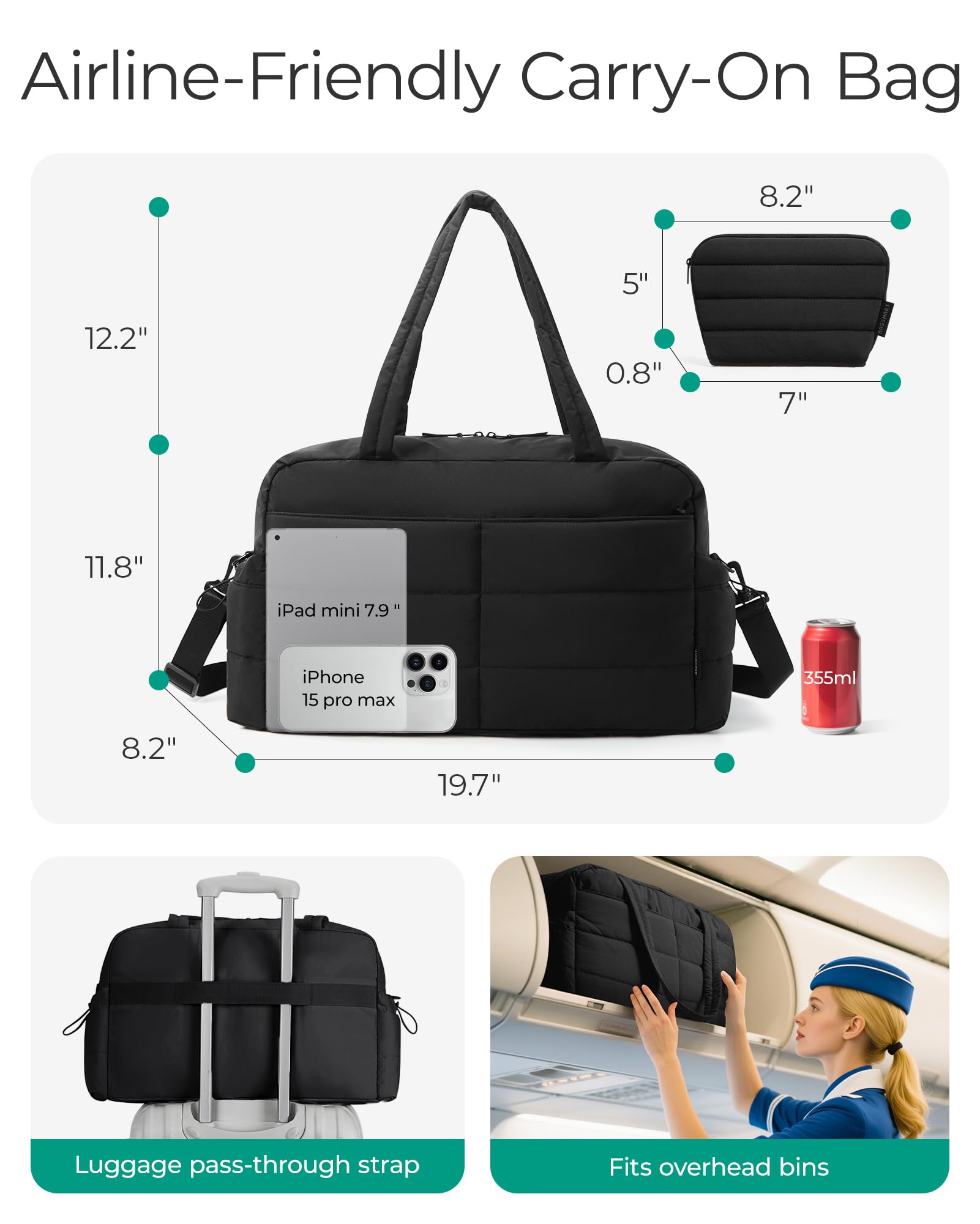 BAGSMART Gym Bag for Women, Lightweight Puffer Duffle Bag 2-PC Travel Bag