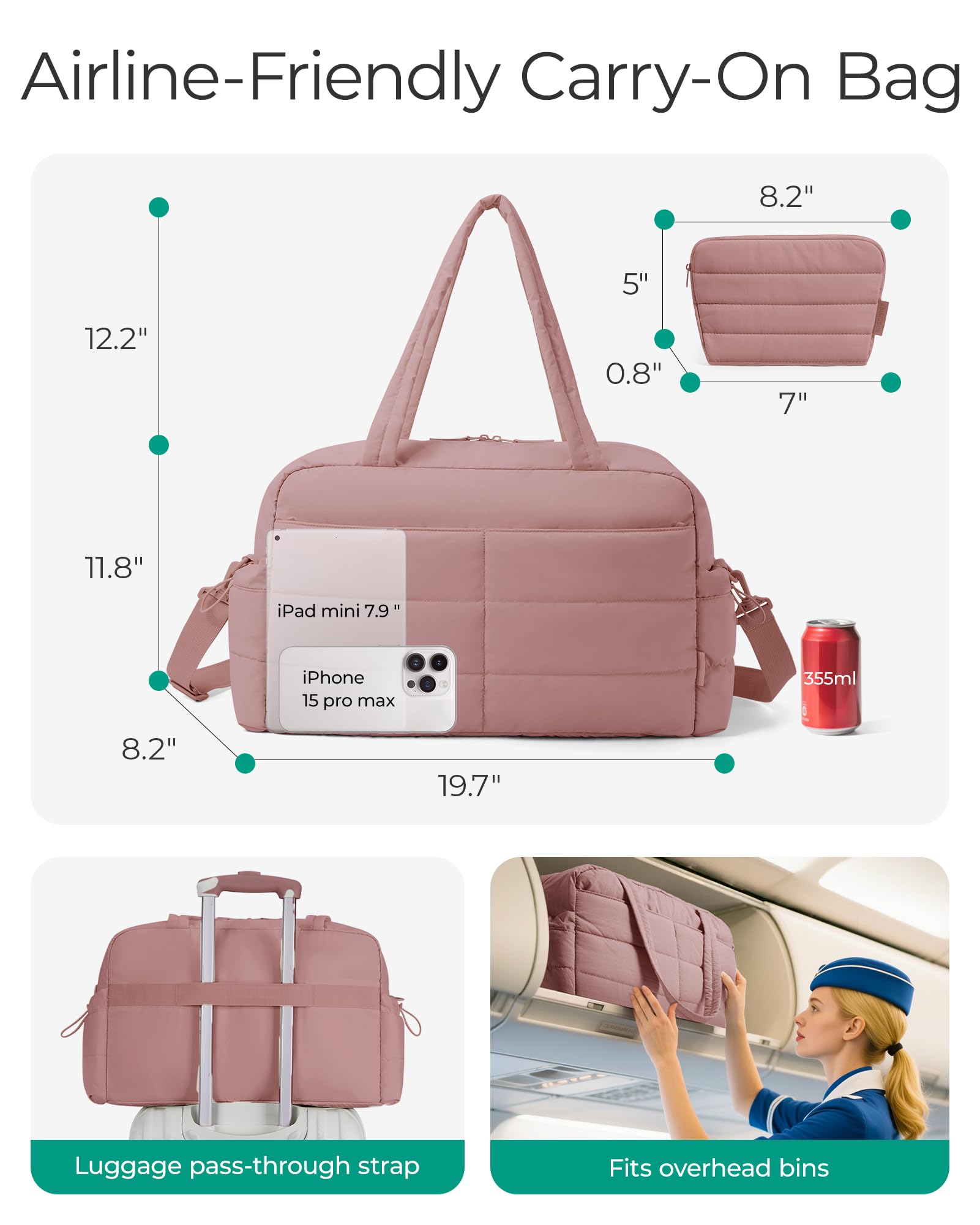 BAGSMART Gym Bag for Women, Lightweight Puffer Duffle Bag 2-PC Travel Bag