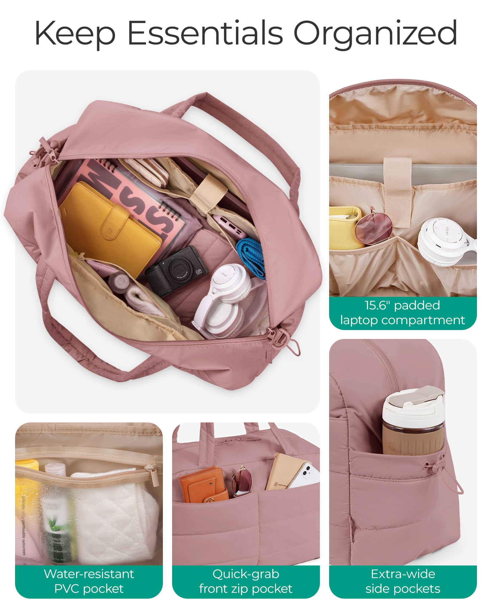 BAGSMART Gym Bag for Women, Lightweight Puffer Duffle Bag 2-PC Travel Bag