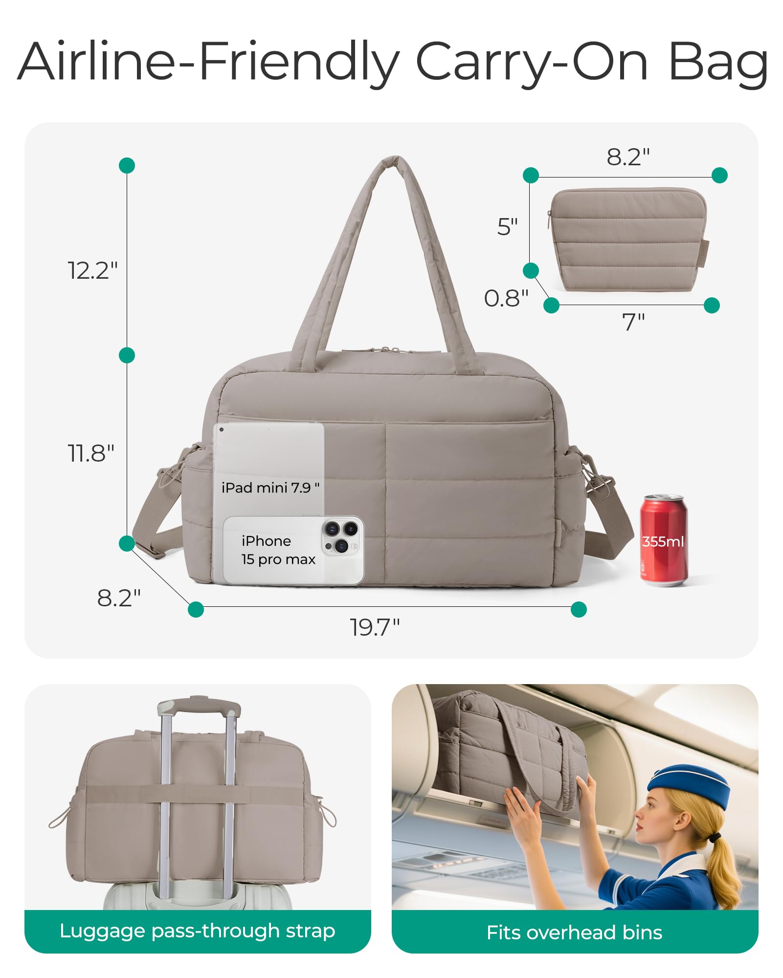 BAGSMART Gym Bag for Women, Lightweight Puffer Duffle Bag 2-PC Travel Bag