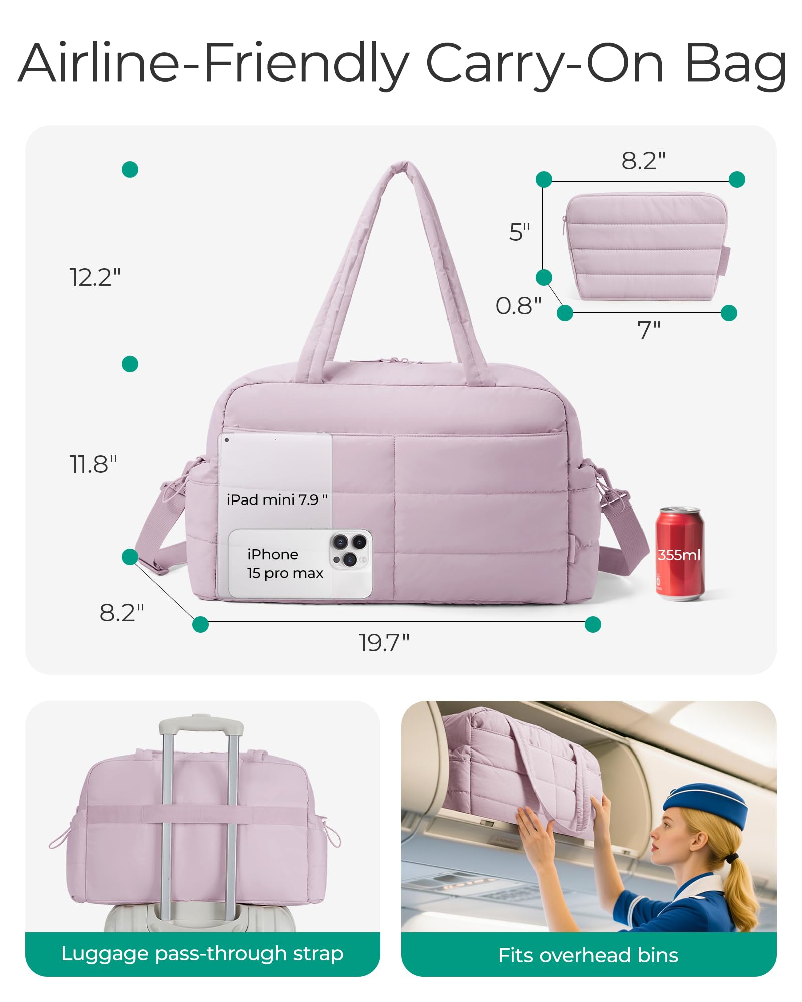 BAGSMART Gym Bag for Women, Lightweight Puffer Duffle Bag 2-PC Travel Bag