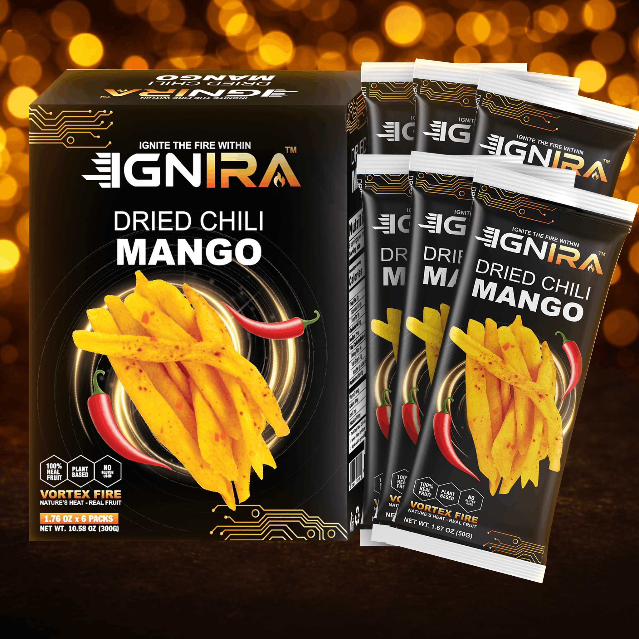 IGNIRA Dried Mango with chili, Sweet & Hot Fruit Snack Strips, Dry Chamoy Mangoes Slices, Chili Mangoes Snacks for Office, Gluten-Free, Plant-Based, Real Fruit, Vortex Energy Pack of 6 (10.02 oz)