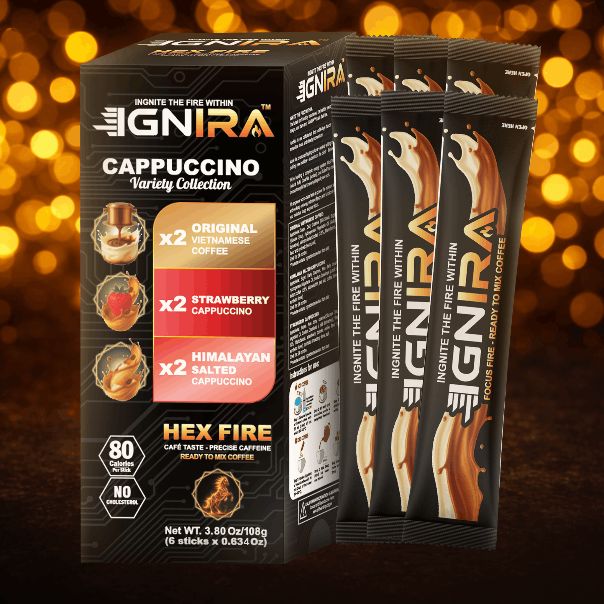 IGNIRA Cappuccino Variety Collection – Robusta Instant Coffee Mix Packets: Strawberry, Original, Himalayan Salted – Smooth & Creamy, Hot or Iced Milk Coffees, No Soybeans, Café Taste, Ready-to-Mix – HexFire Energy, 6 Single-Serve Sticks (3.80 oz)