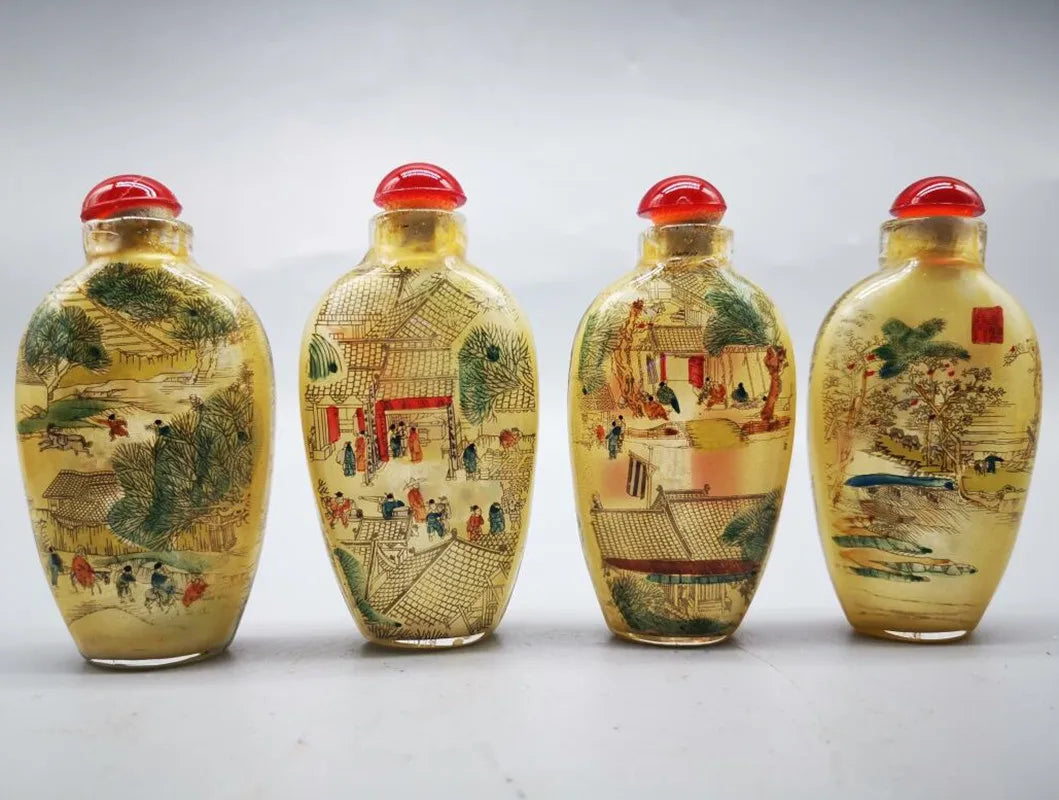 Qingming Festival Inside‑Painted Snuff Bottles – Set of Four with Box