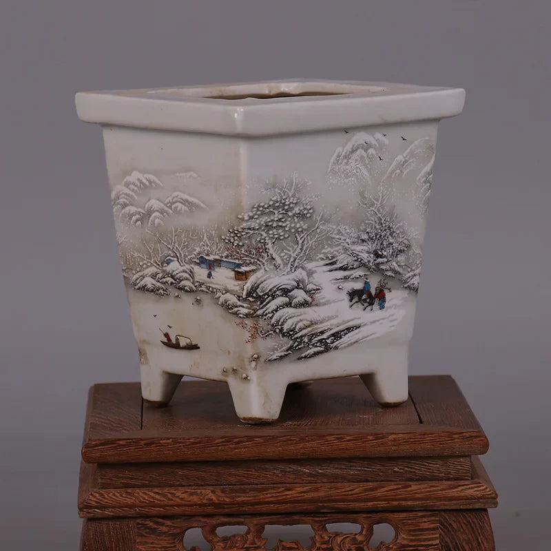 Chinese Snowscape Pastel Porcelain Flower Pots – Antique-Style Planters
