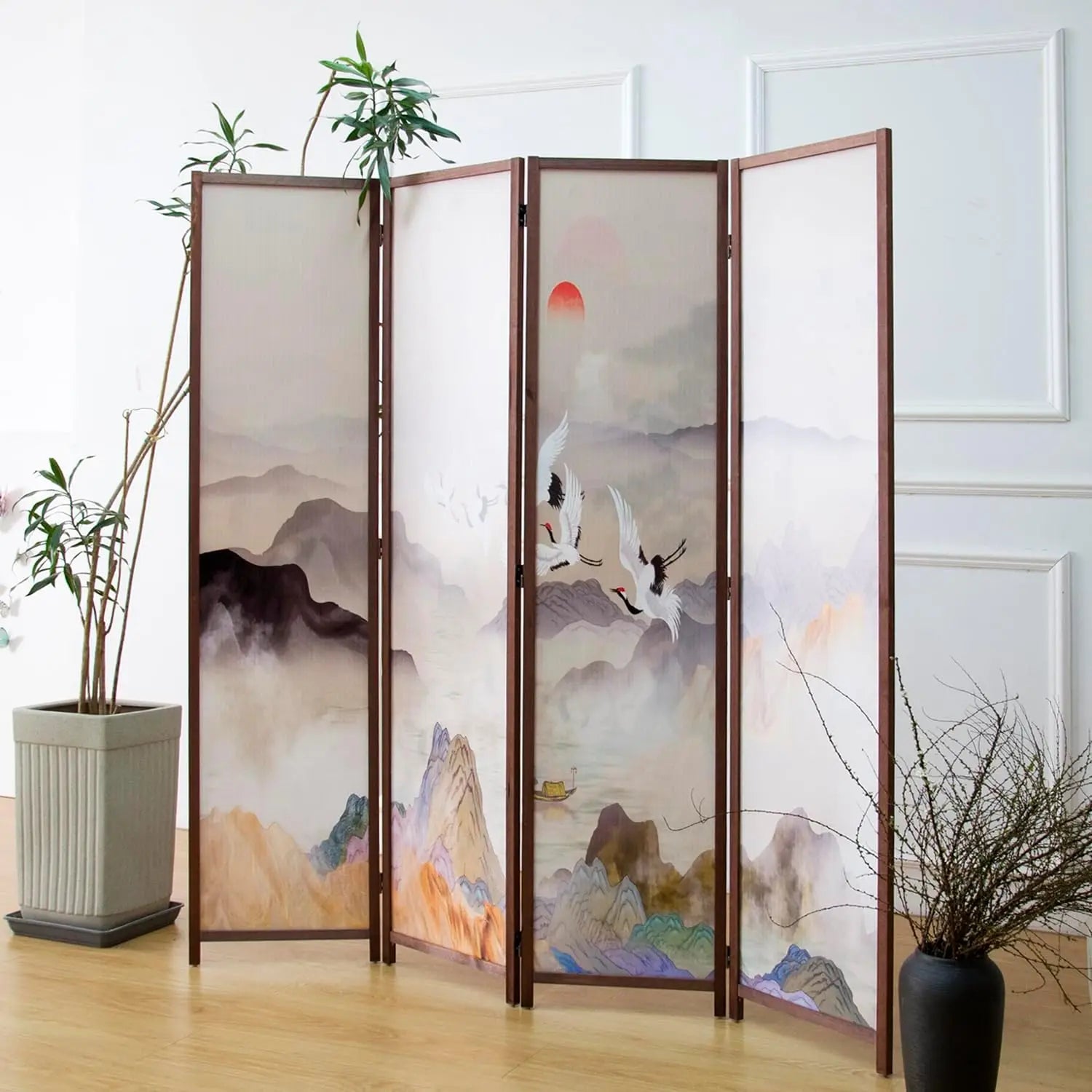 4 Panel Room Divider, Double-Sided Folding Privacy Screen for Home Office – Freestanding Wall Partition with New Chic Colorful Landscape 67" H x 63" W - 5.6 ft Tall