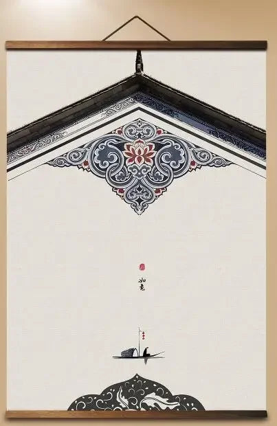 AS3053 Chinese Style Chinese Traditional Building Flower Room Wall Art Canvas Posters Chinese Solid Wood Scroll Paintings