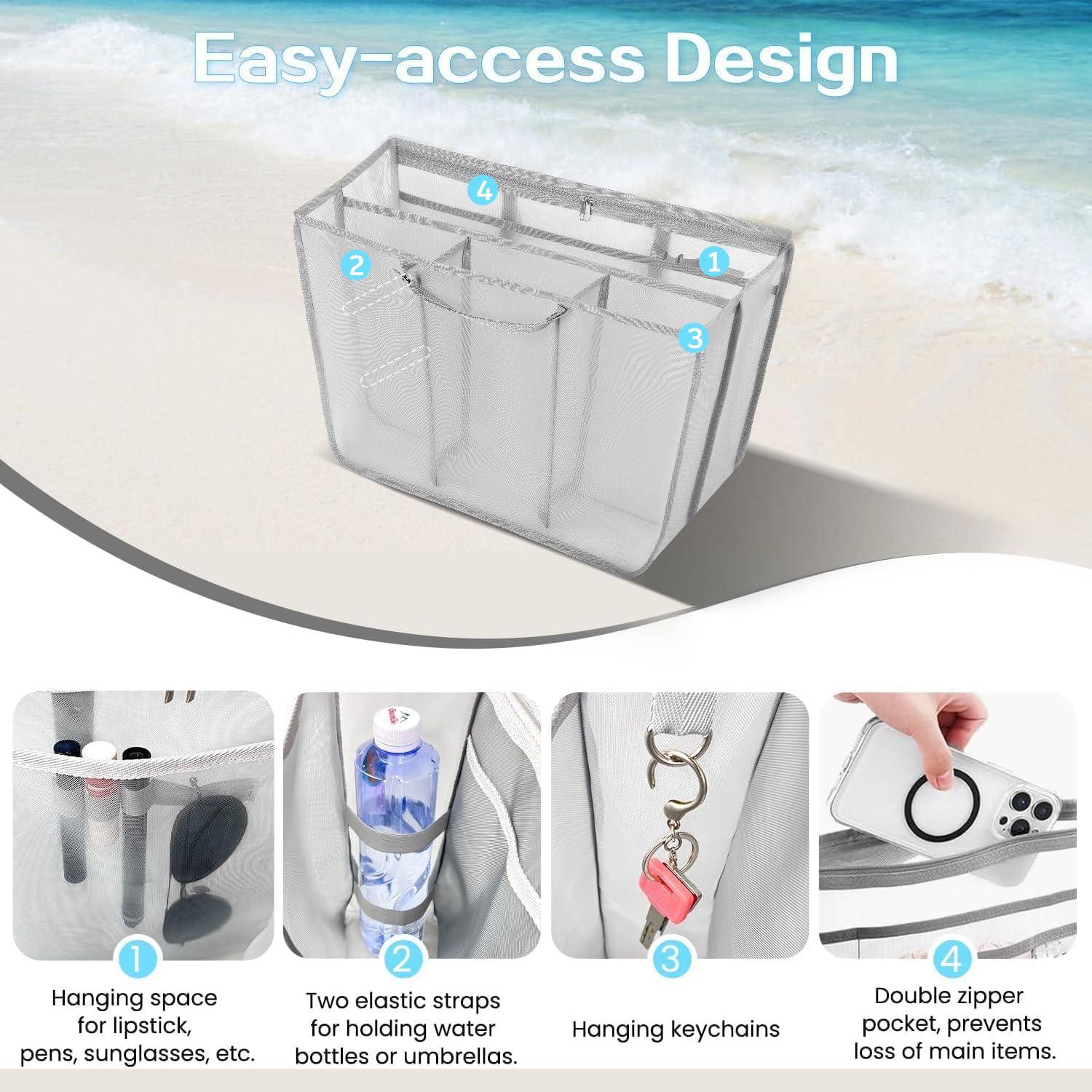 Beach Bag Organizer Insert with 8 Removable Metal Fasteners