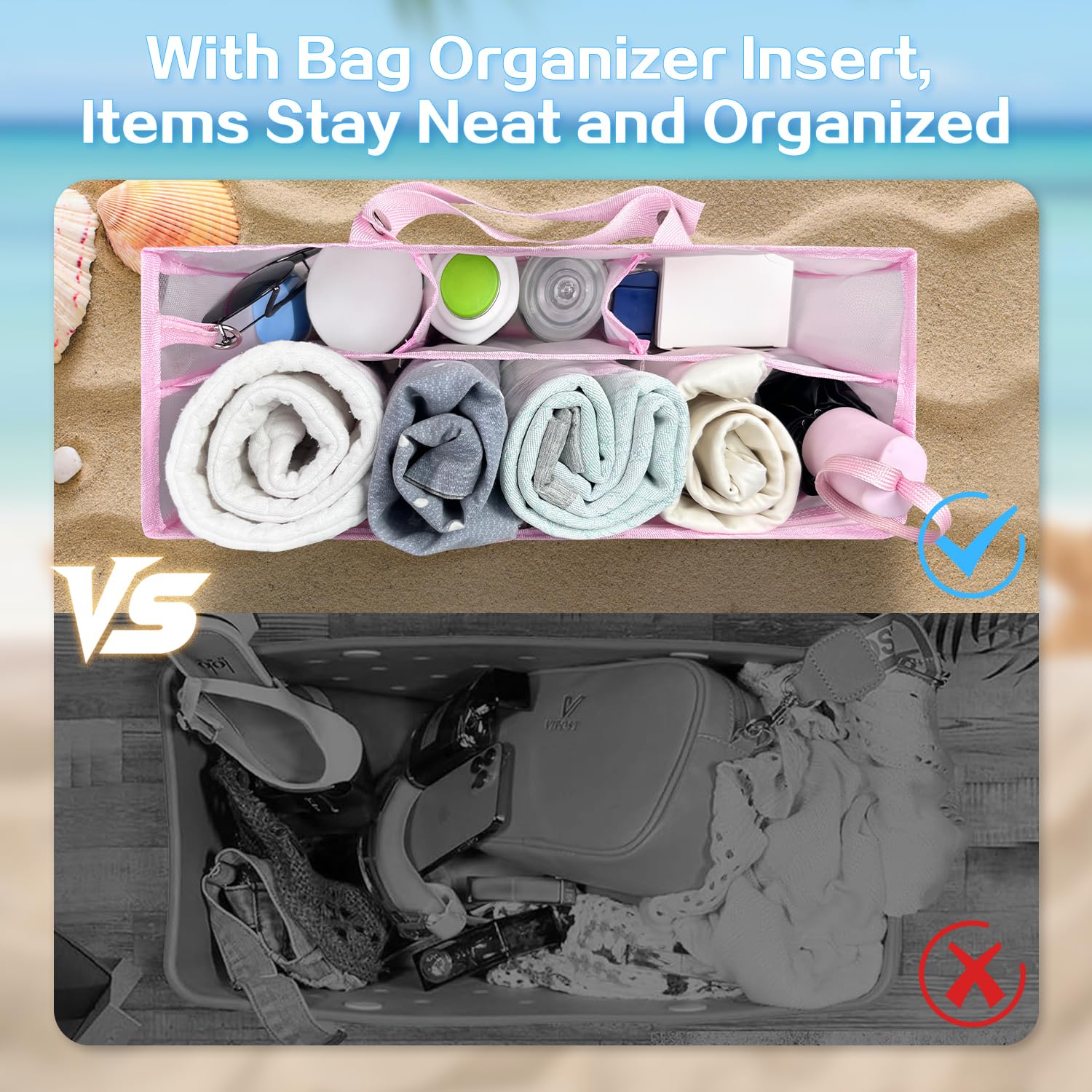 Beach Bag Organizer Insert with 8 Removable Metal Fasteners