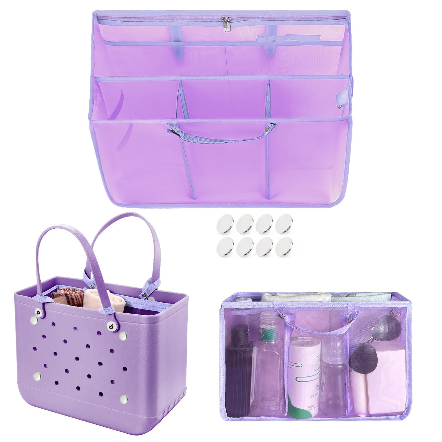 Beach Bag Organizer Insert with 8 Removable Metal Fasteners