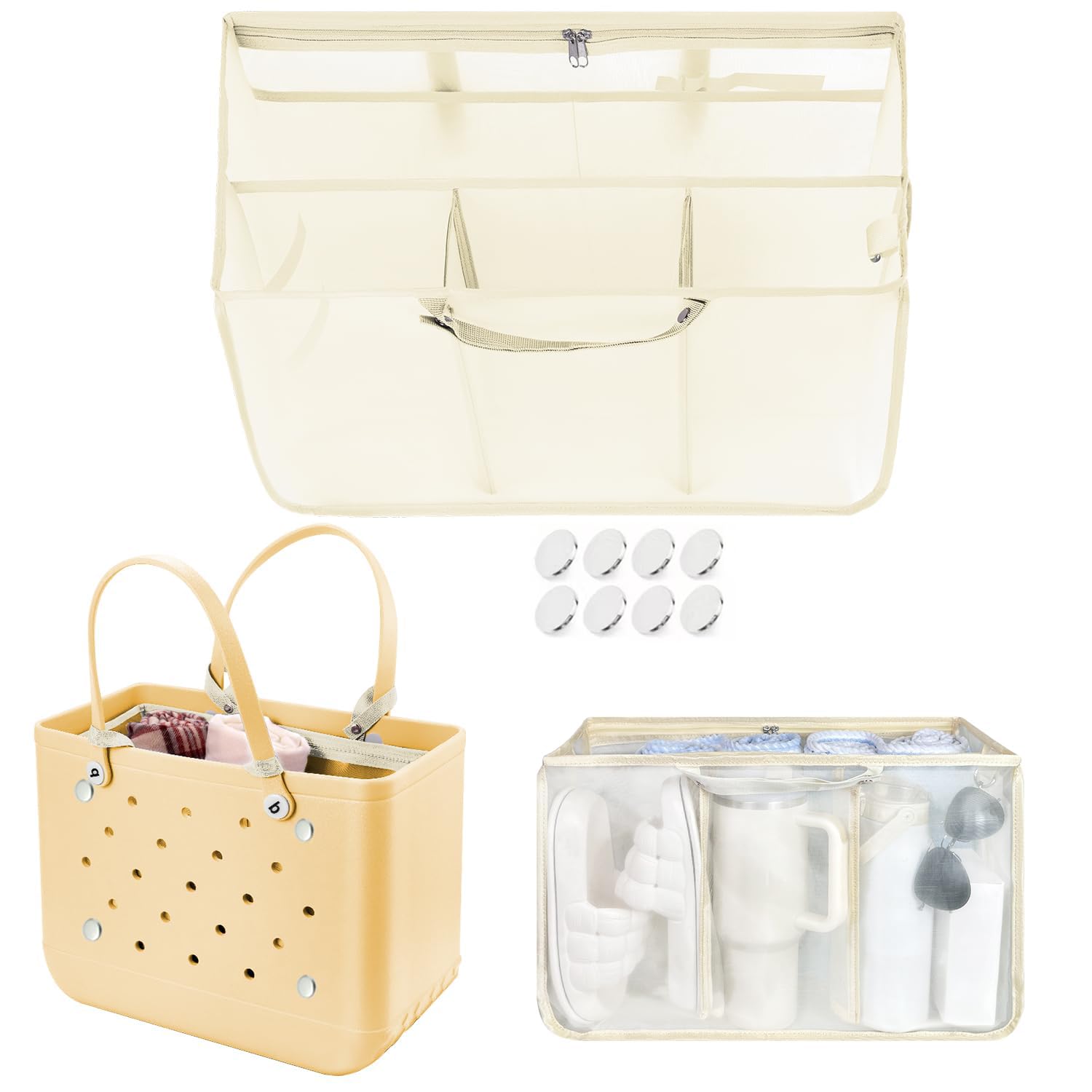 Beach Bag Organizer Insert with 8 Removable Metal Fasteners
