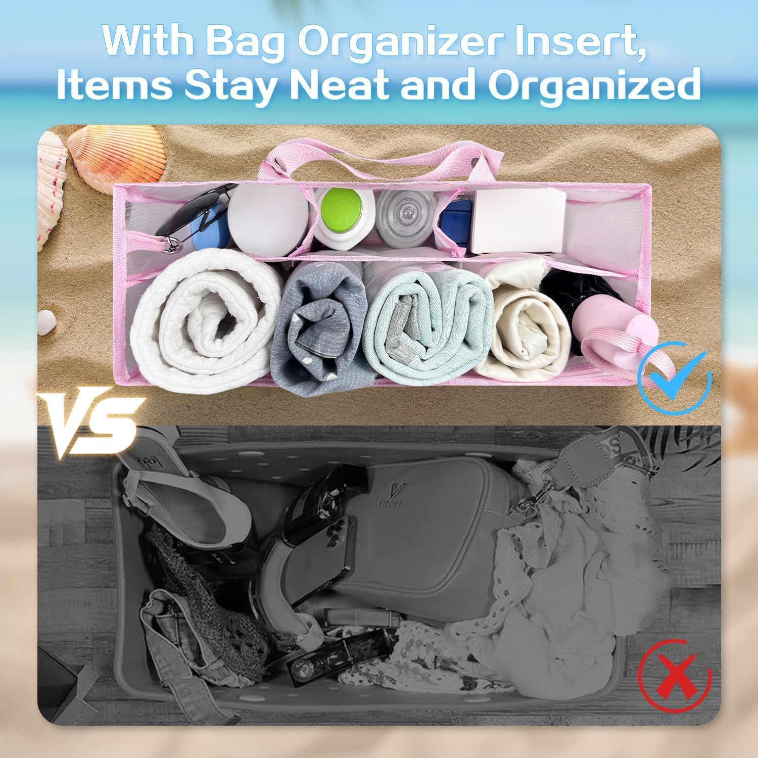 Beach Bag Organizer Insert with 8 Removable Metal Fasteners