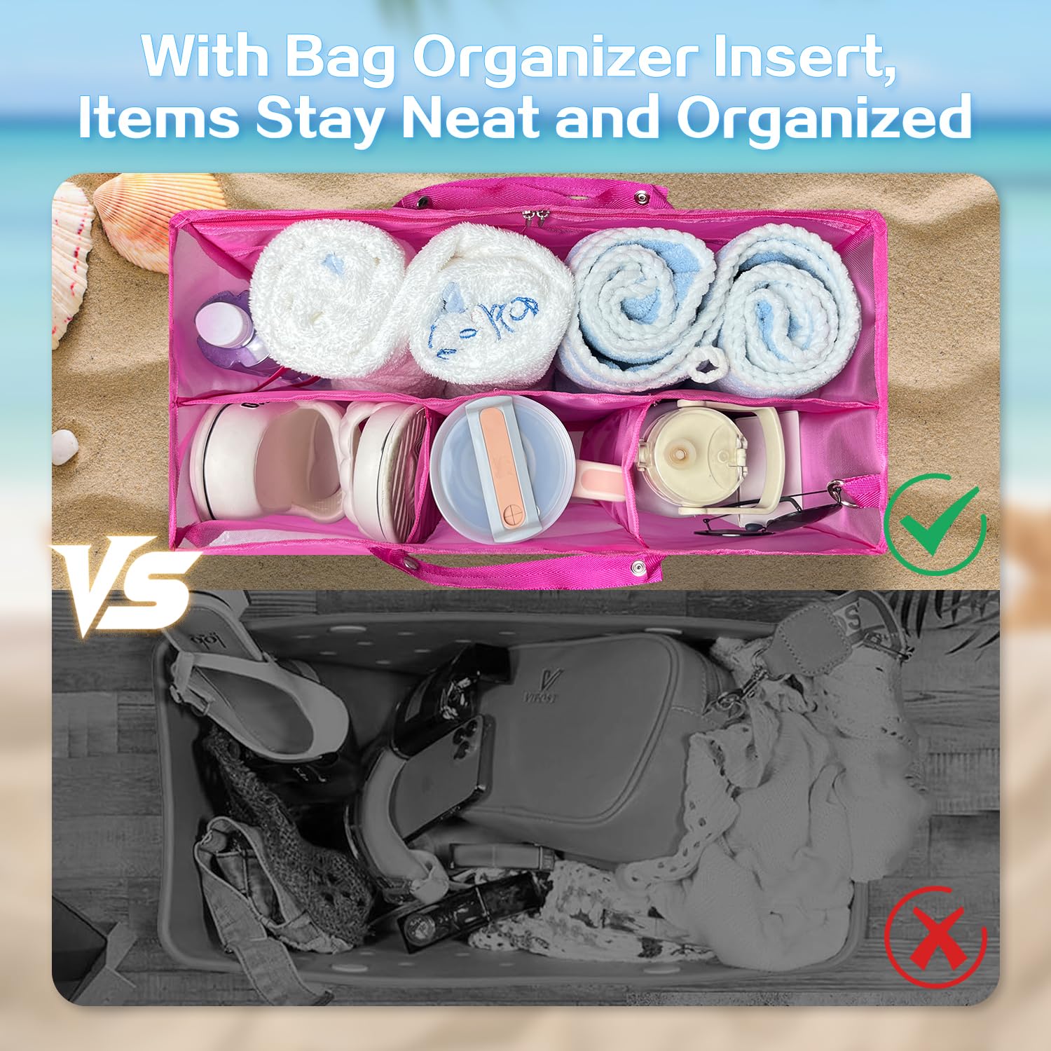 Beach Bag Organizer Insert with 8 Removable Metal Fasteners