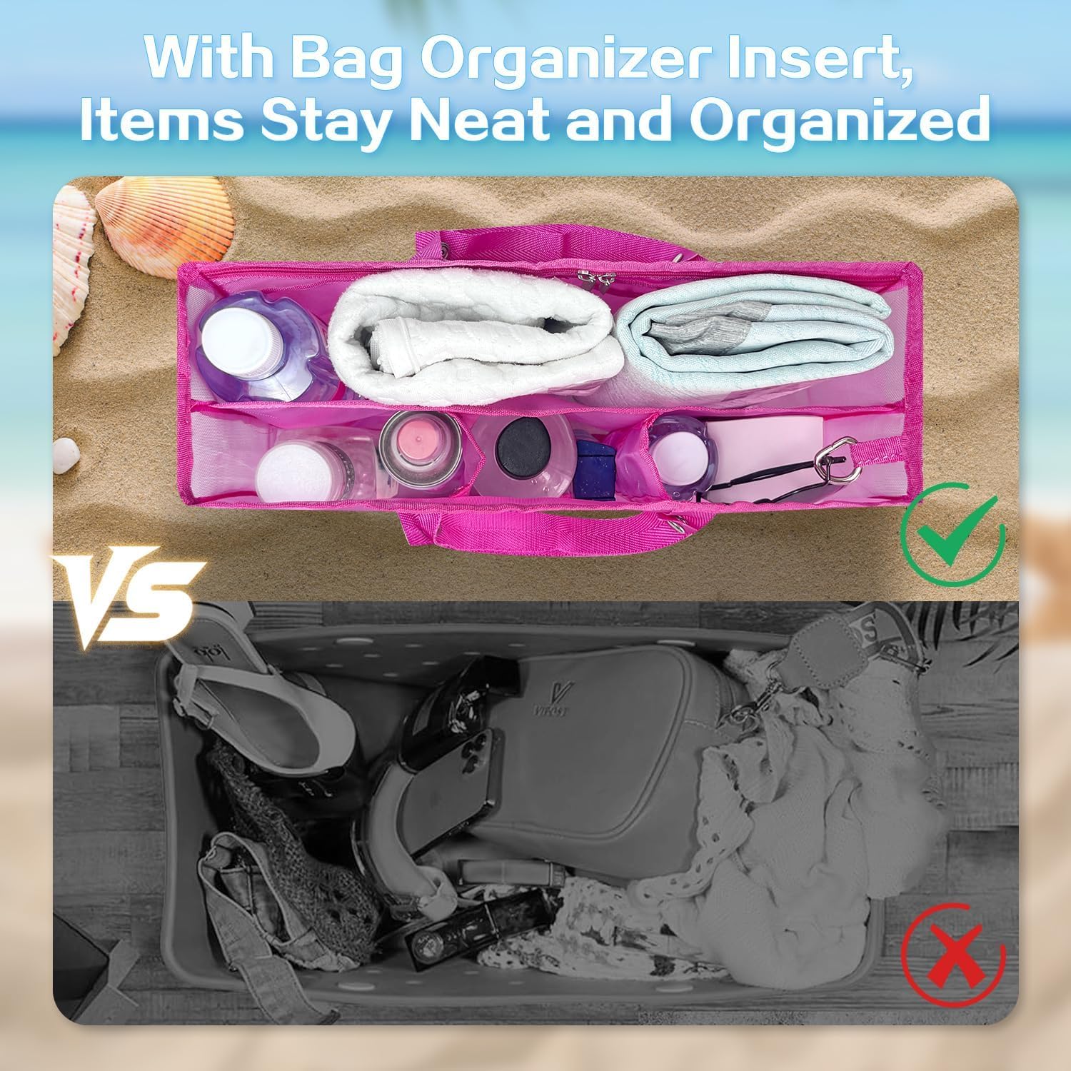 Beach Bag Organizer Insert with 8 Removable Metal Fasteners