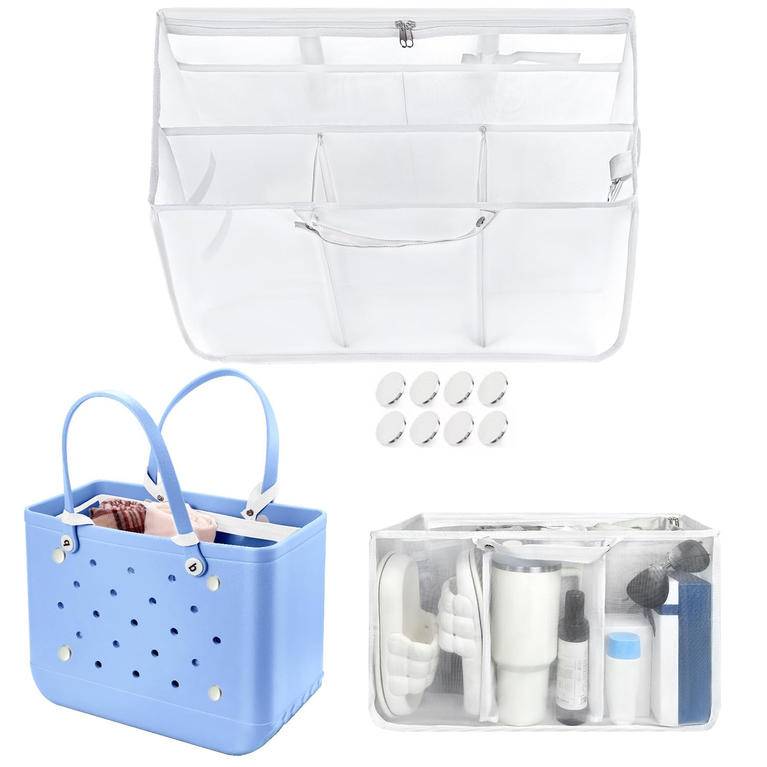 Beach Bag Organizer Insert with 8 Removable Metal Fasteners