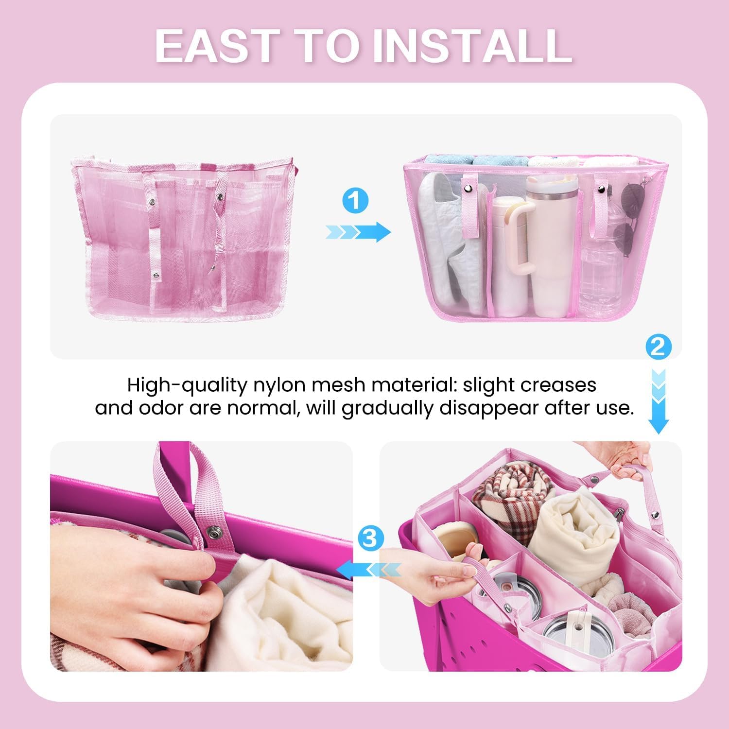 Beach Bag Organizer Insert with 8 Removable Metal Fasteners