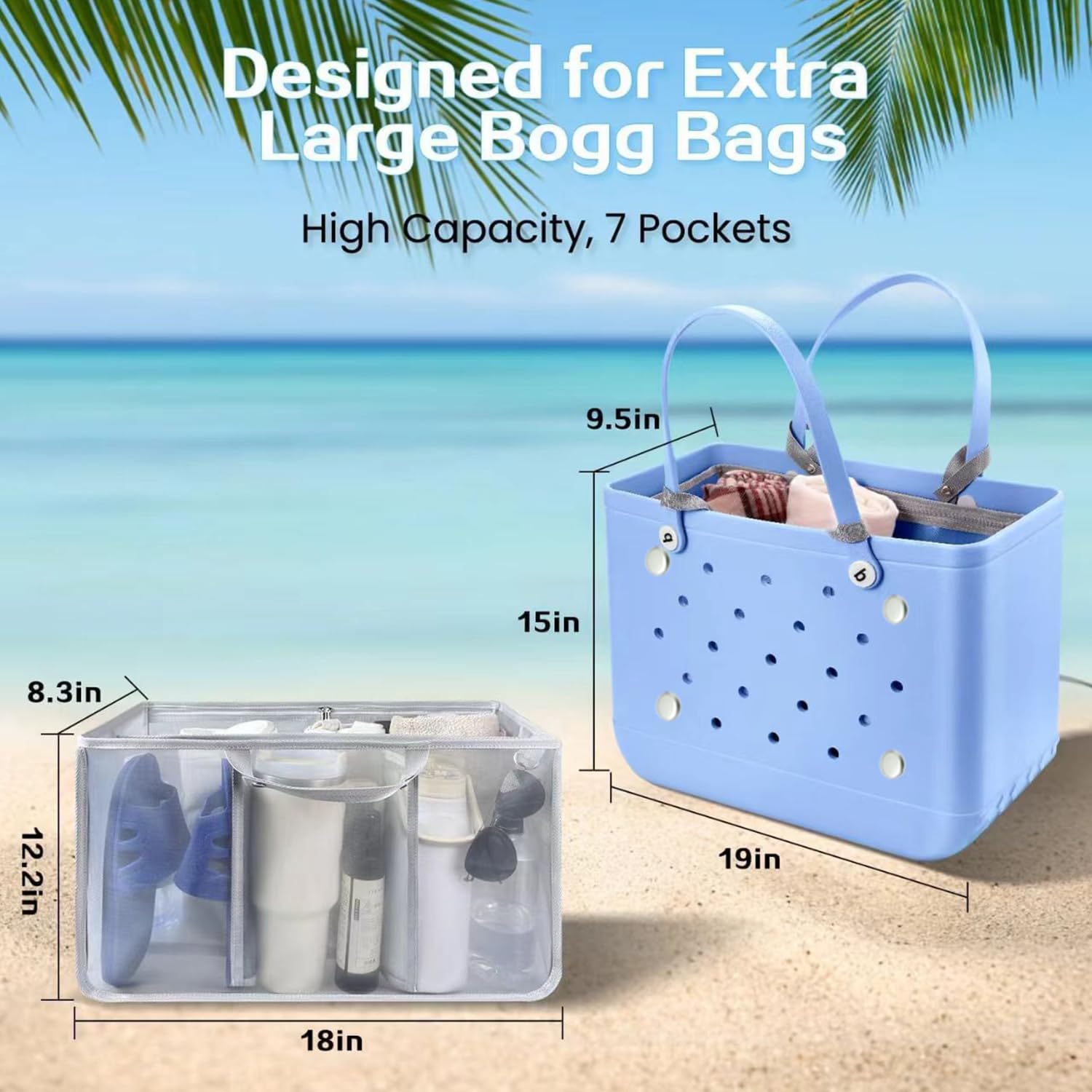 Beach Bag Organizer Insert with 8 Removable Metal Fasteners