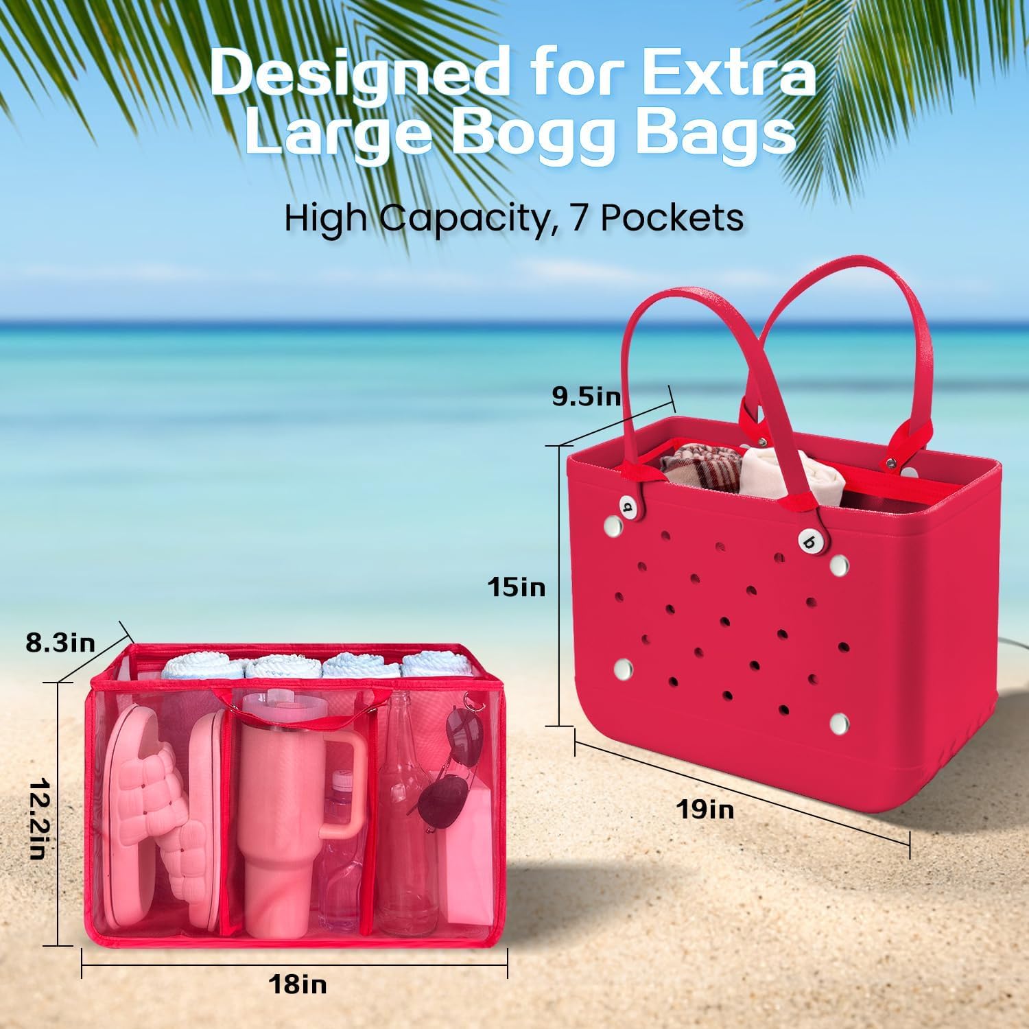 Beach Bag Organizer Insert with 8 Removable Metal Fasteners