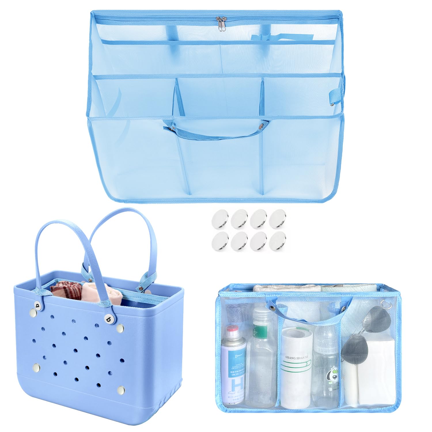 Beach Bag Organizer Insert with 8 Removable Metal Fasteners