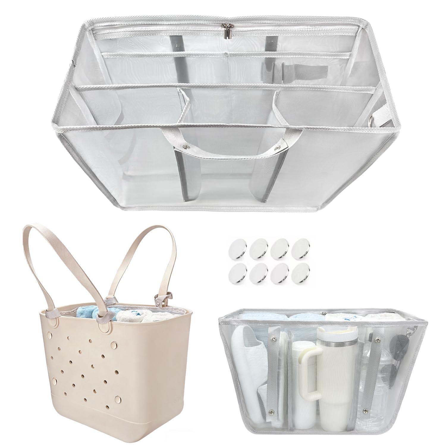 Beach Bag Organizer Insert with 8 Removable Metal Fasteners