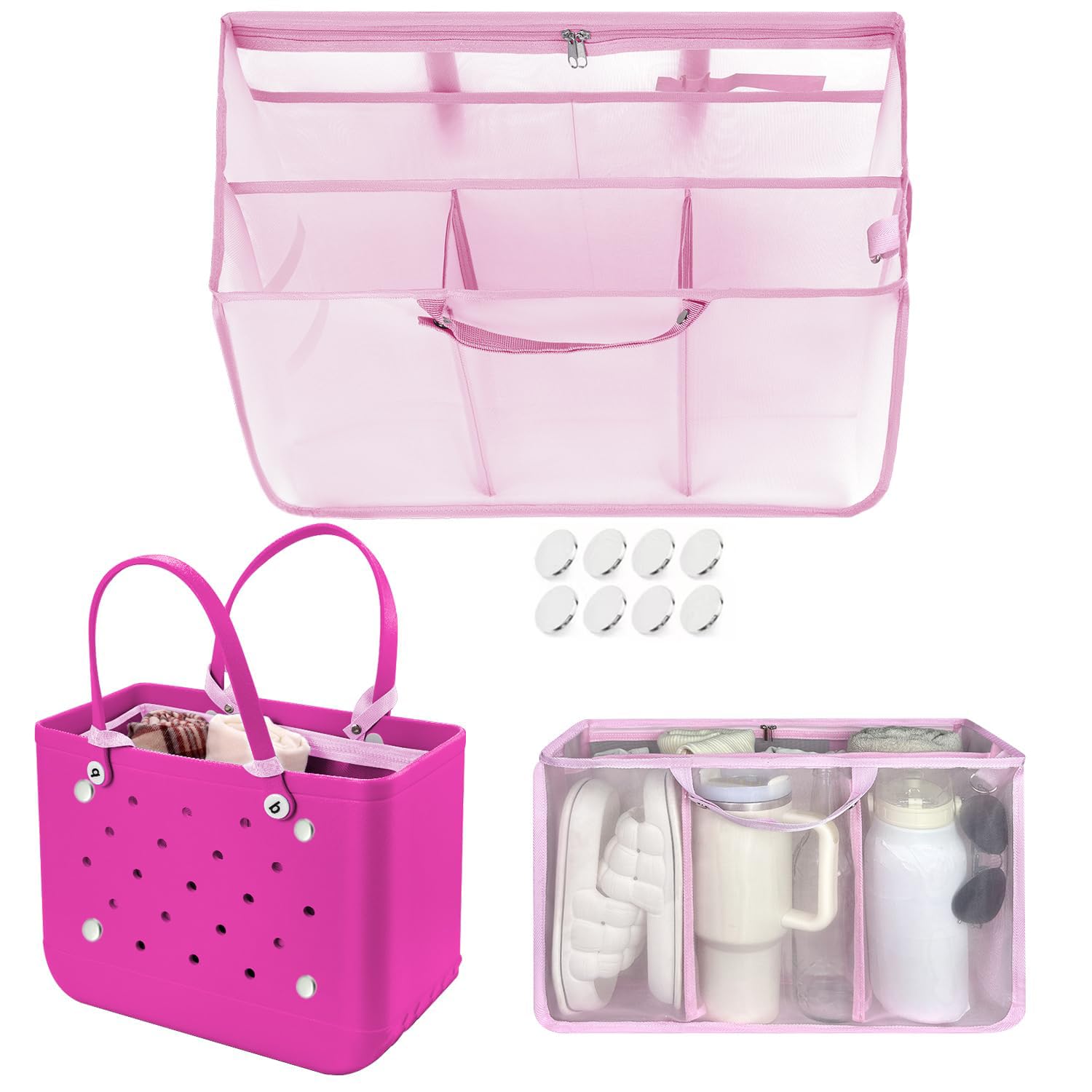 Beach Bag Organizer Insert with 8 Removable Metal Fasteners