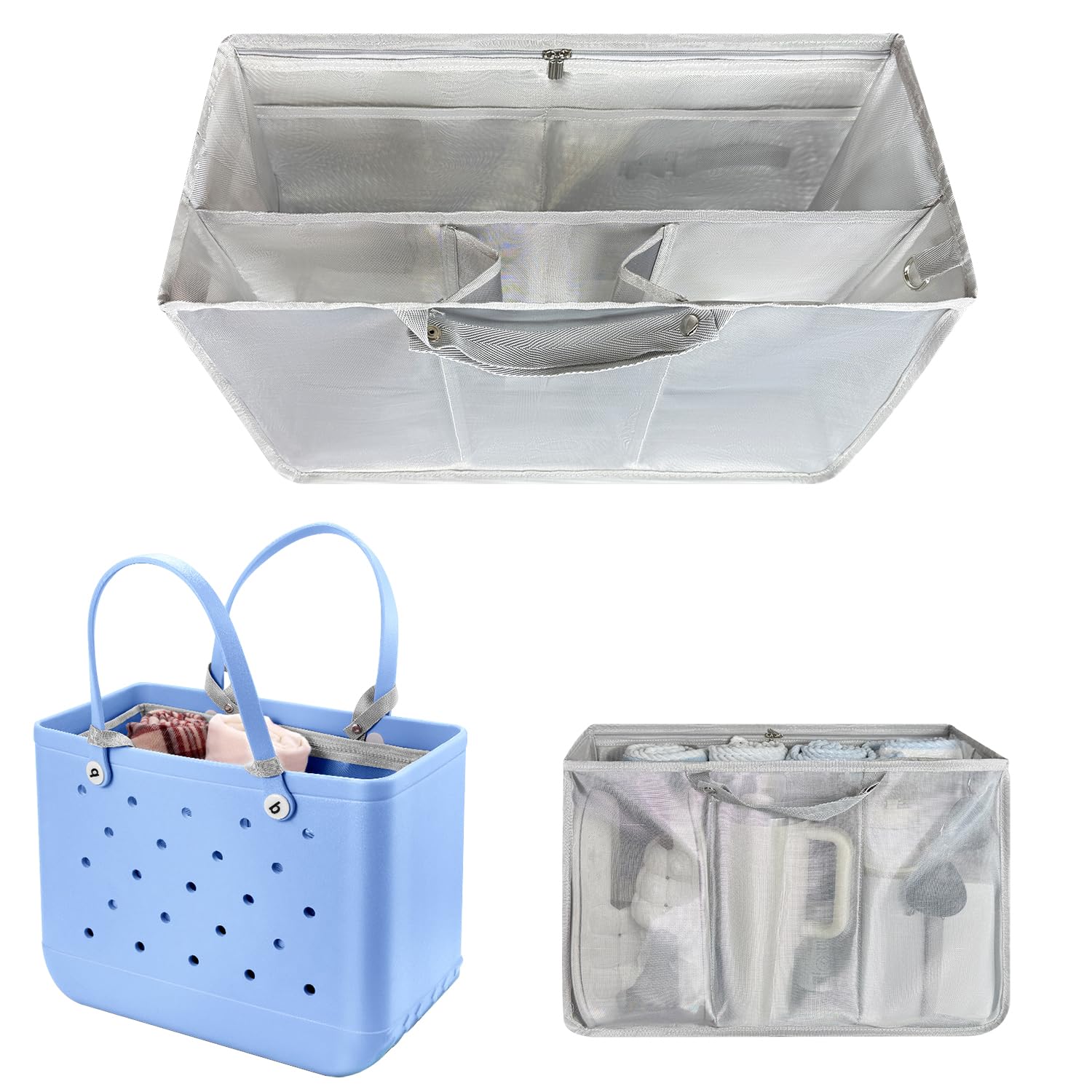 Beach Bag Organizer Insert with 8 Removable Metal Fasteners