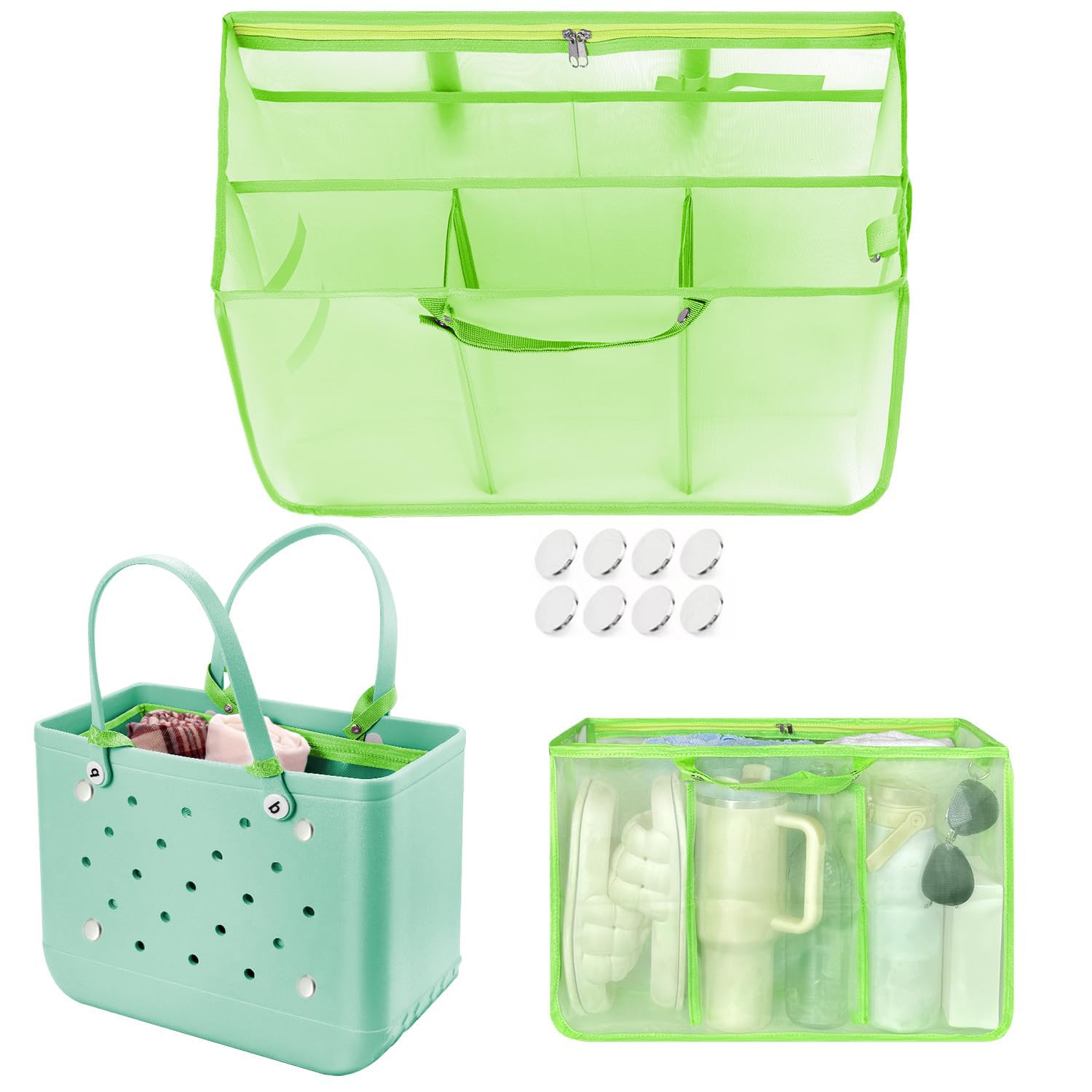 Beach Bag Organizer Insert with 8 Removable Metal Fasteners