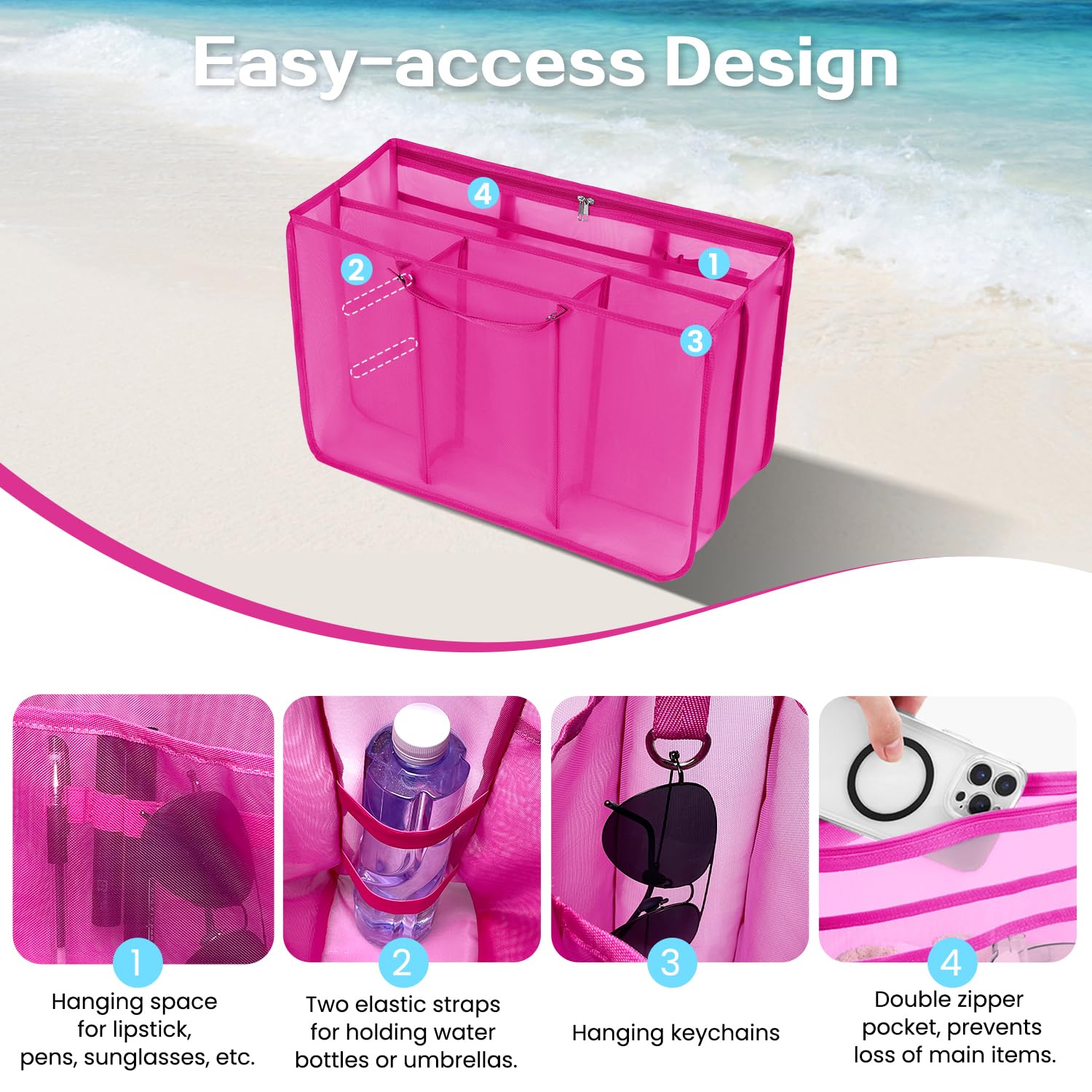 Beach Bag Organizer Insert with 8 Removable Metal Fasteners