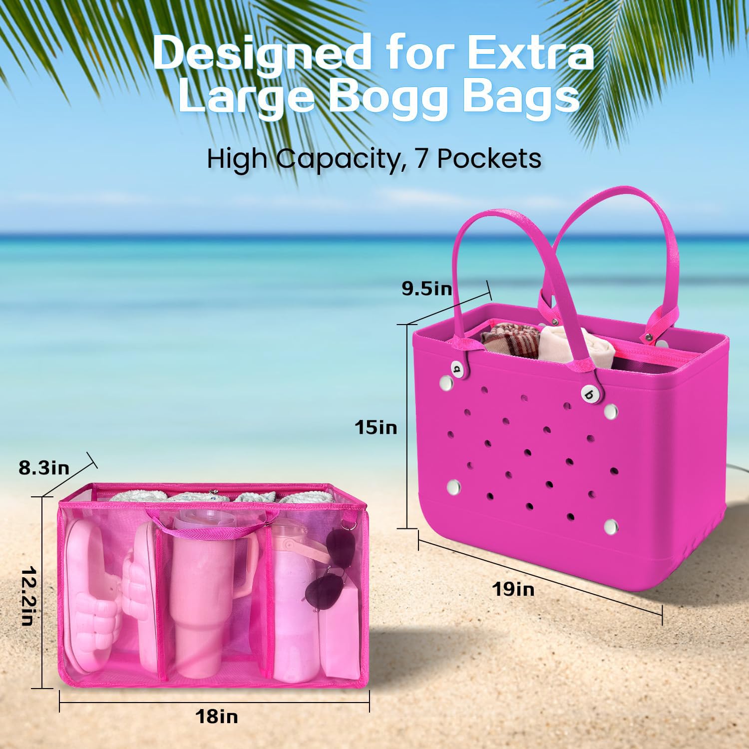 Beach Bag Organizer Insert with 8 Removable Metal Fasteners