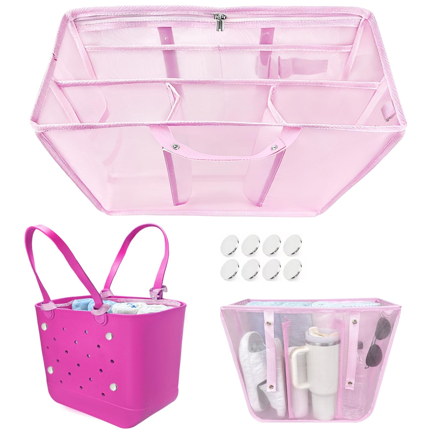 Beach Bag Organizer Insert with 8 Removable Metal Fasteners