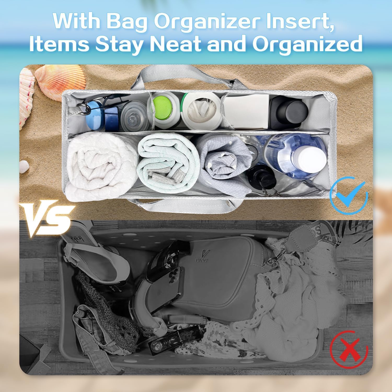 Beach Bag Organizer Insert with 8 Removable Metal Fasteners