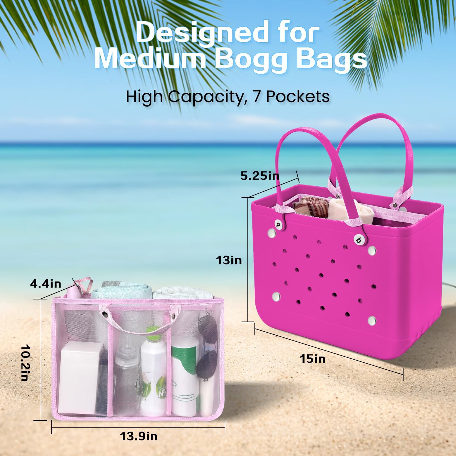 Beach Bag Organizer Insert with 8 Removable Metal Fasteners