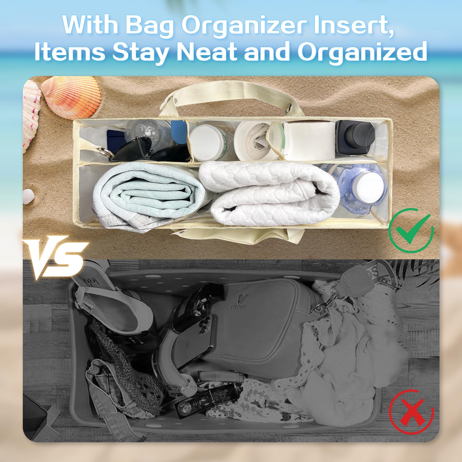 Beach Bag Organizer Insert with 8 Removable Metal Fasteners