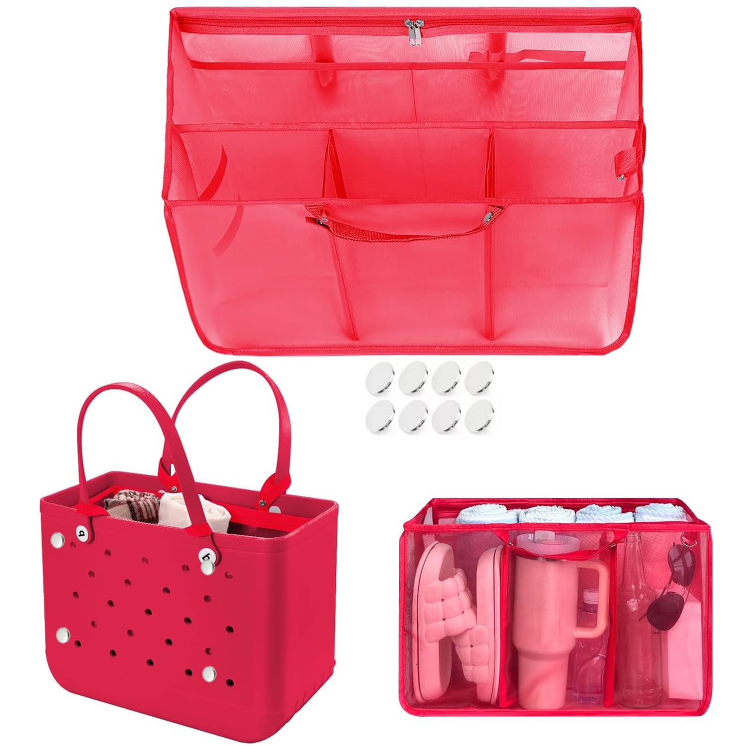 Beach Bag Organizer Insert with 8 Removable Metal Fasteners