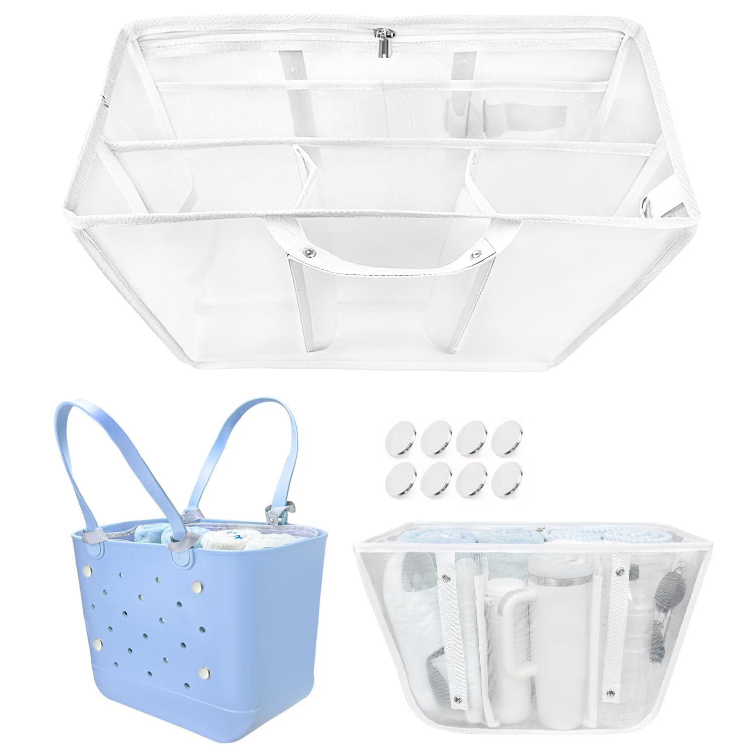 Beach Bag Organizer Insert with 8 Removable Metal Fasteners