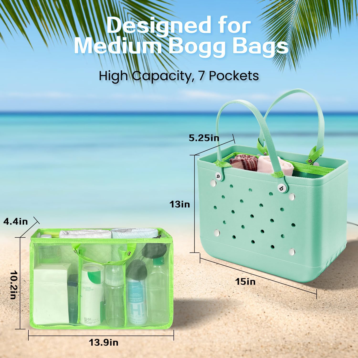 Beach Bag Organizer Insert with 8 Removable Metal Fasteners
