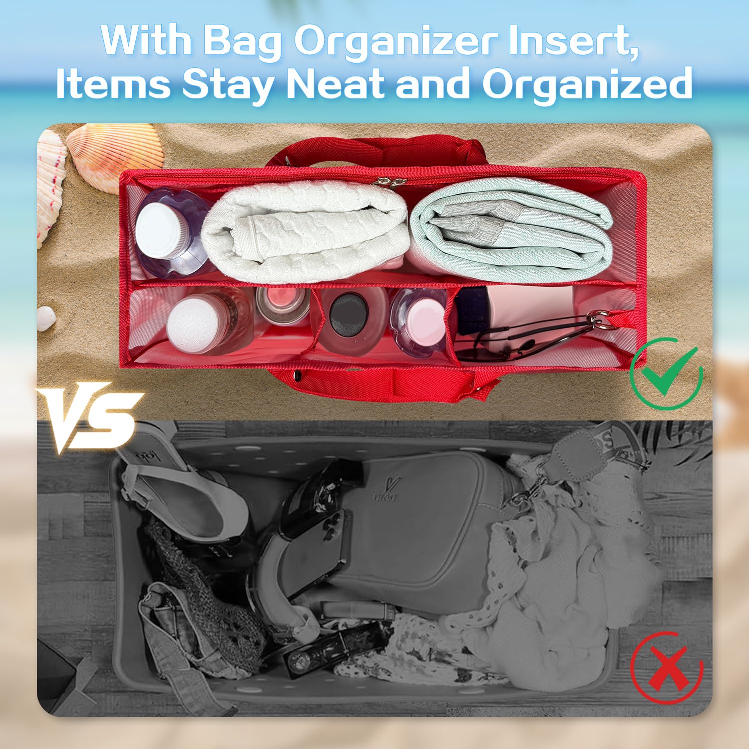 Beach Bag Organizer Insert with 8 Removable Metal Fasteners