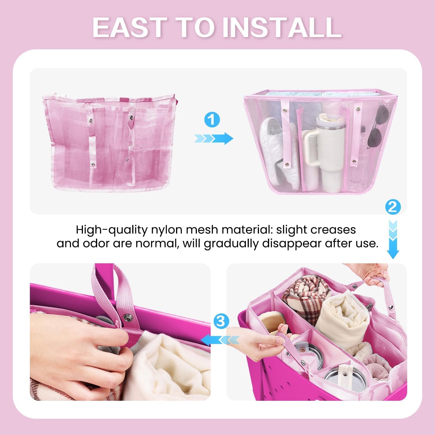 Beach Bag Organizer Insert with 8 Removable Metal Fasteners