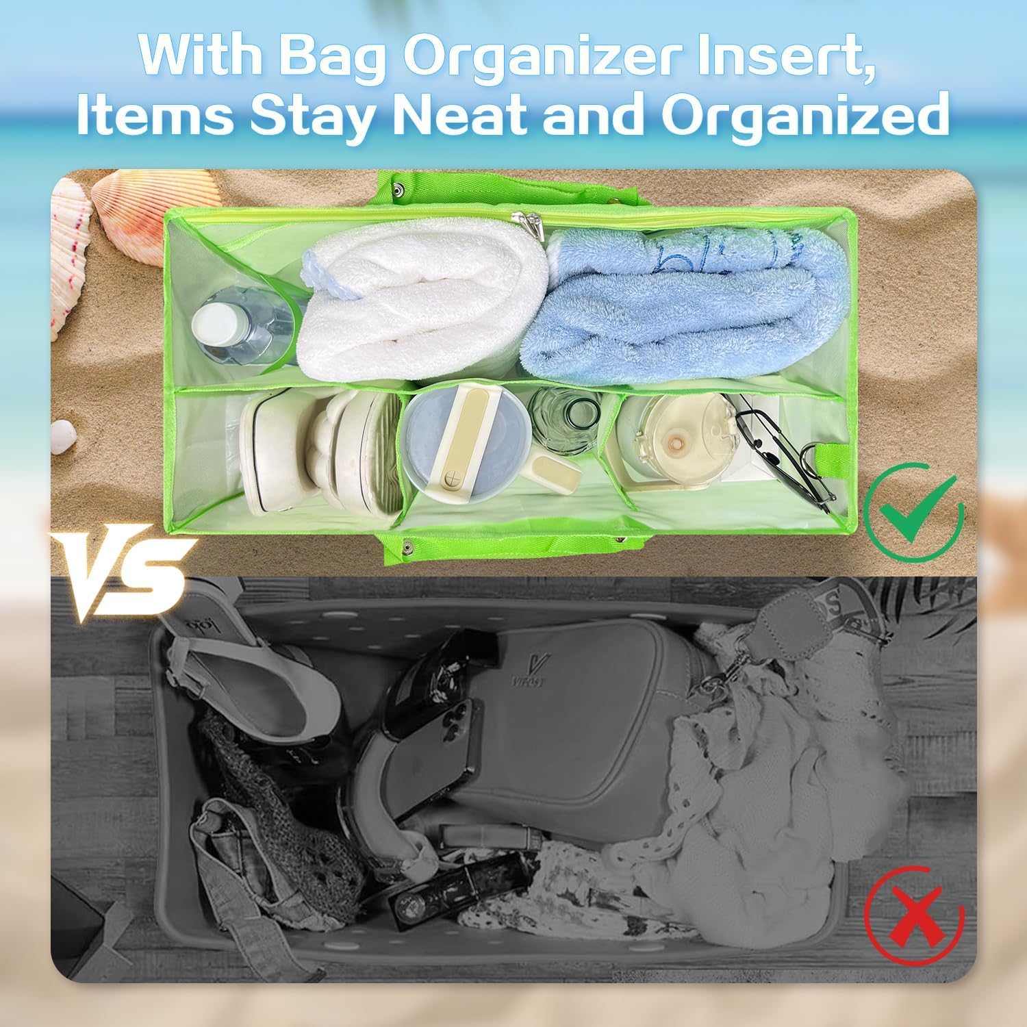 Beach Bag Organizer Insert with 8 Removable Metal Fasteners
