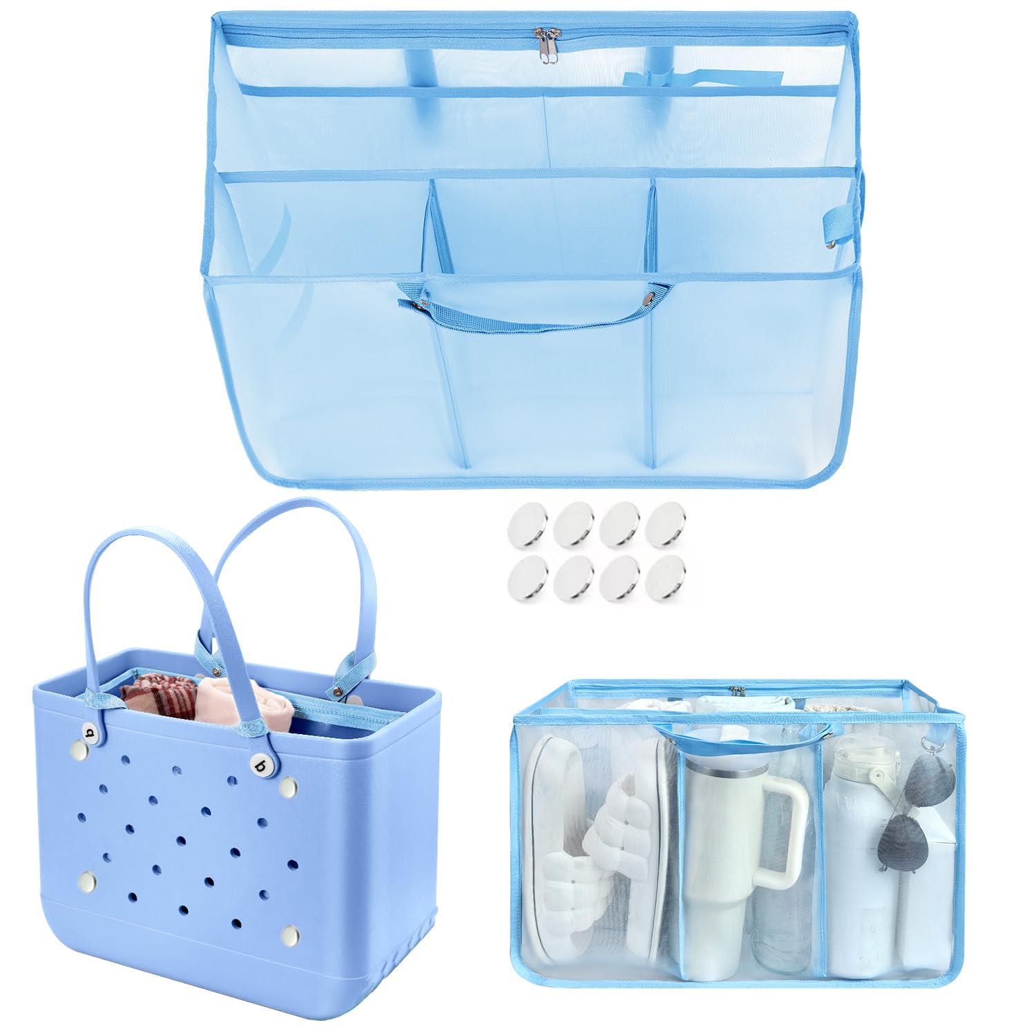 Beach Bag Organizer Insert with 8 Removable Metal Fasteners