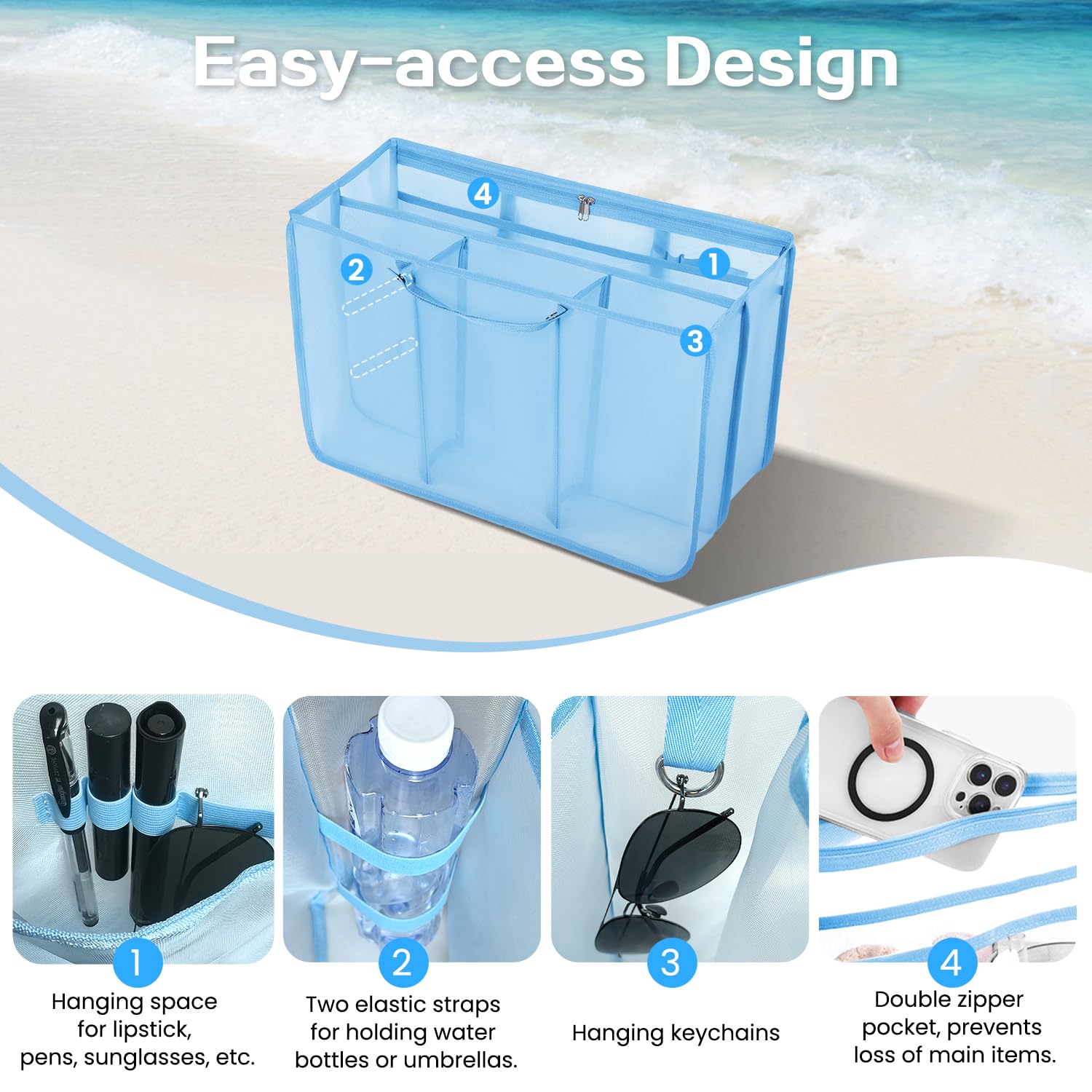 Beach Bag Organizer Insert with 8 Removable Metal Fasteners