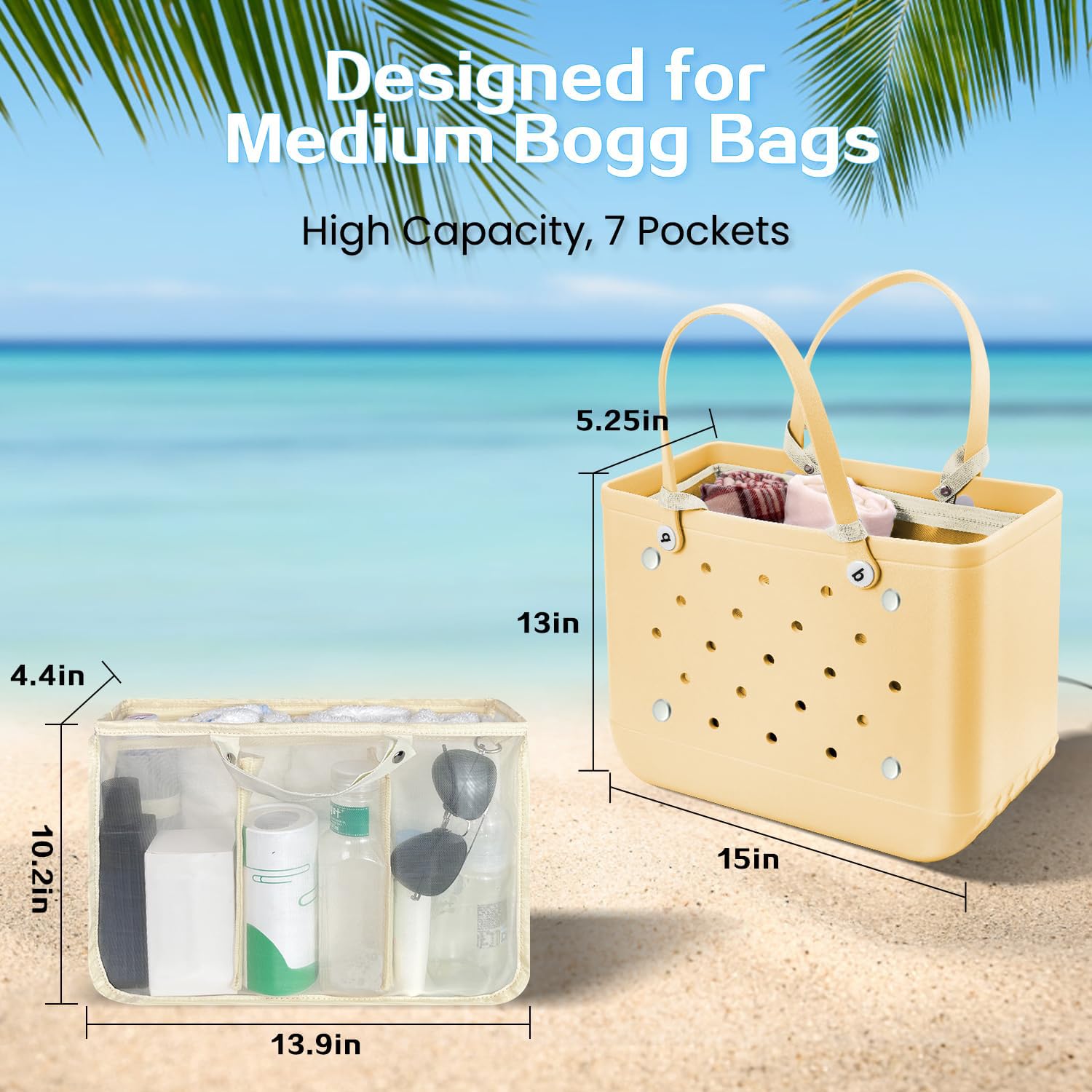 Beach Bag Organizer Insert with 8 Removable Metal Fasteners