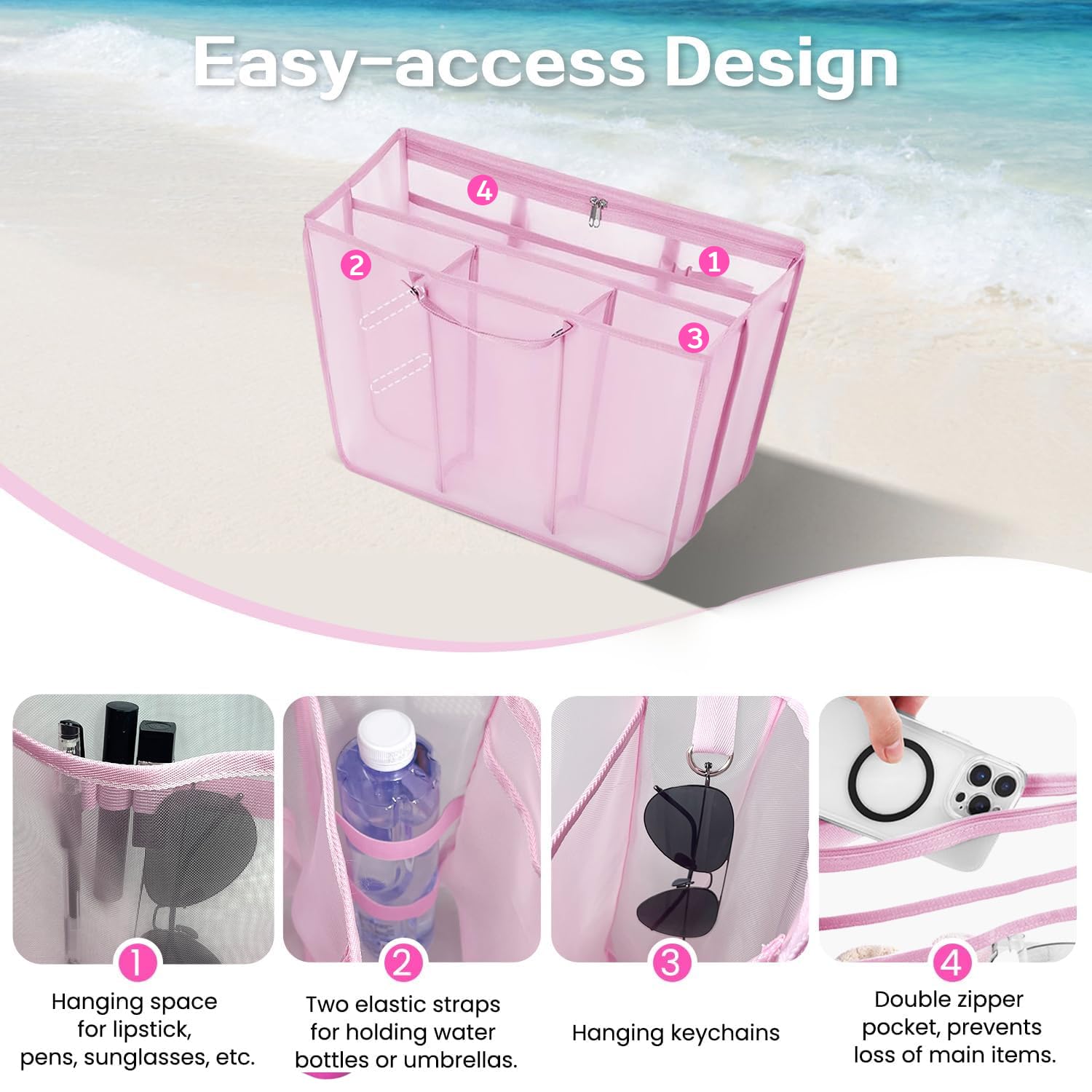 Beach Bag Organizer Insert with 8 Removable Metal Fasteners