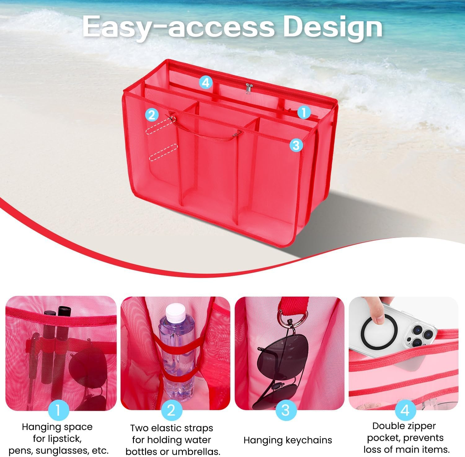 Beach Bag Organizer Insert with 8 Removable Metal Fasteners